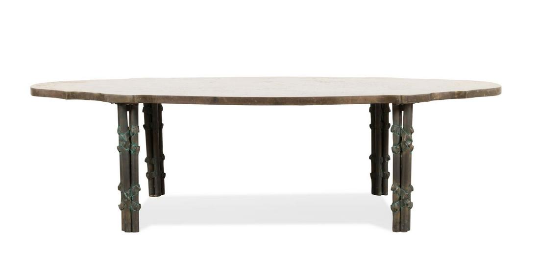 PHILIP & KELVIN LAVERNE "BOUCHER" BRONZE TABLE: Philip & Kelvin Laverne (American) mid-century modern Muses or Classical "Boucher" bronze coffee table, circa 1960, acid etched with Greek mythological images, signed to lower right, paper label to un