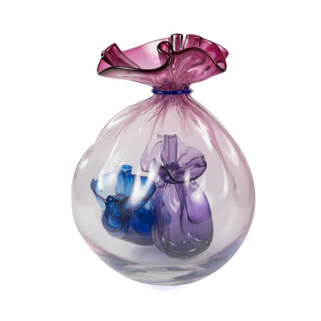 K. VOGEL & J. LITTLETON "BAGGED BAGS" ART GLASS: Kate Vogel and John Littleton (Kate English b. 1956, John American b. 1957), "Bagged Bags" art glass sculpture, 1983, hand blown as a large raspberry pink bag tied at the neck, containing two smaller 