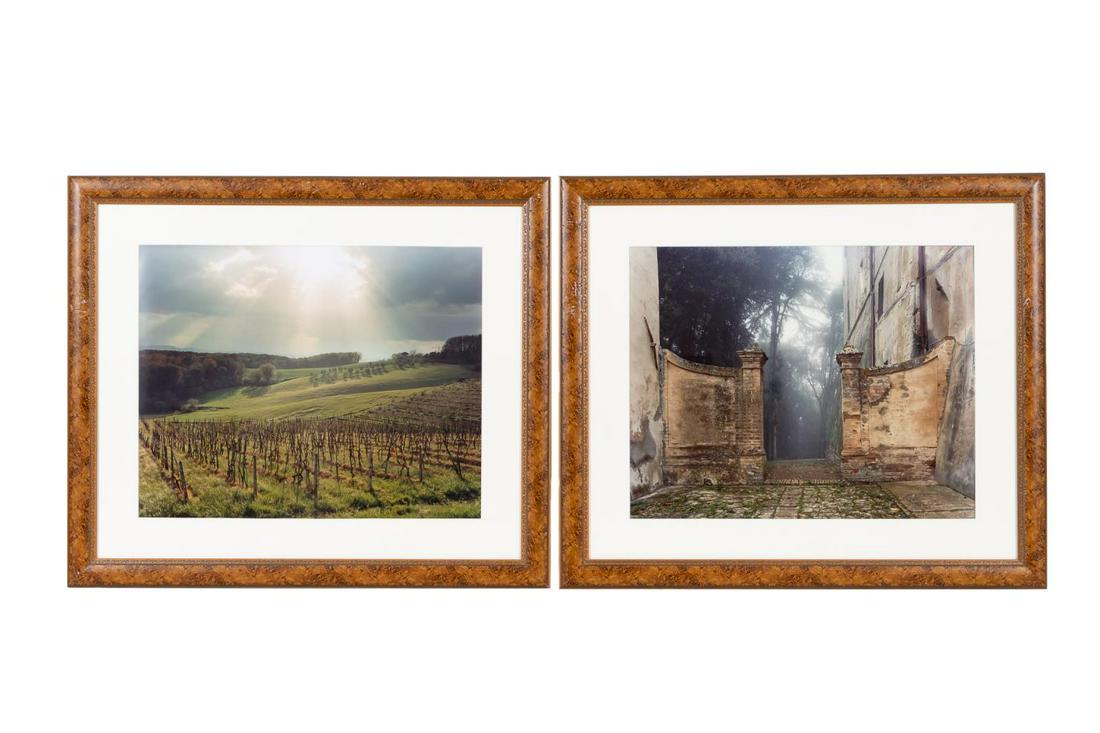 TWO JOEL MEYEROWITZ DIGITAL PRINTS TUSCANY SERIES: Joel Meyerowitz (American b. 1938), two framed digital chromogenic dye prints from the Tuscany Series; "Castle Woods in Mist, Tuscany, 2002", printed 2004, depicting an aged brick courtyard with an en