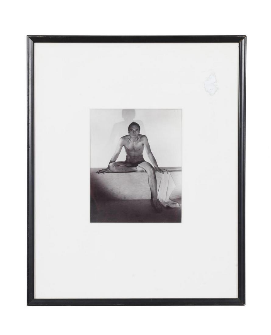 GEORGE PLATT LYNES, YUL BRYNNER SILVER PRINT: George Platt Lynes (American 1907-1955), "Yul Brynner" 1942, gelatin silver print / photograph on paper depicting a seated nude male, photographers studio stamp and pencil inscribed "Collection of Gle