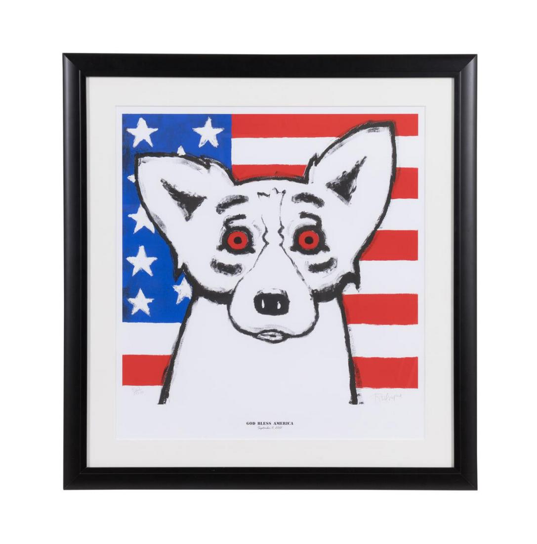 GEORGE RODRIGUE "GOD BLESS AMERICA" SILKSCREEN: George Rodrigue (1944-2013), "God Bless America", 2001, silkscreen on paper depicting a dog in front of an American flag, pencil signed to lower right and numbed 862/1000 to lower left, framed. Proven