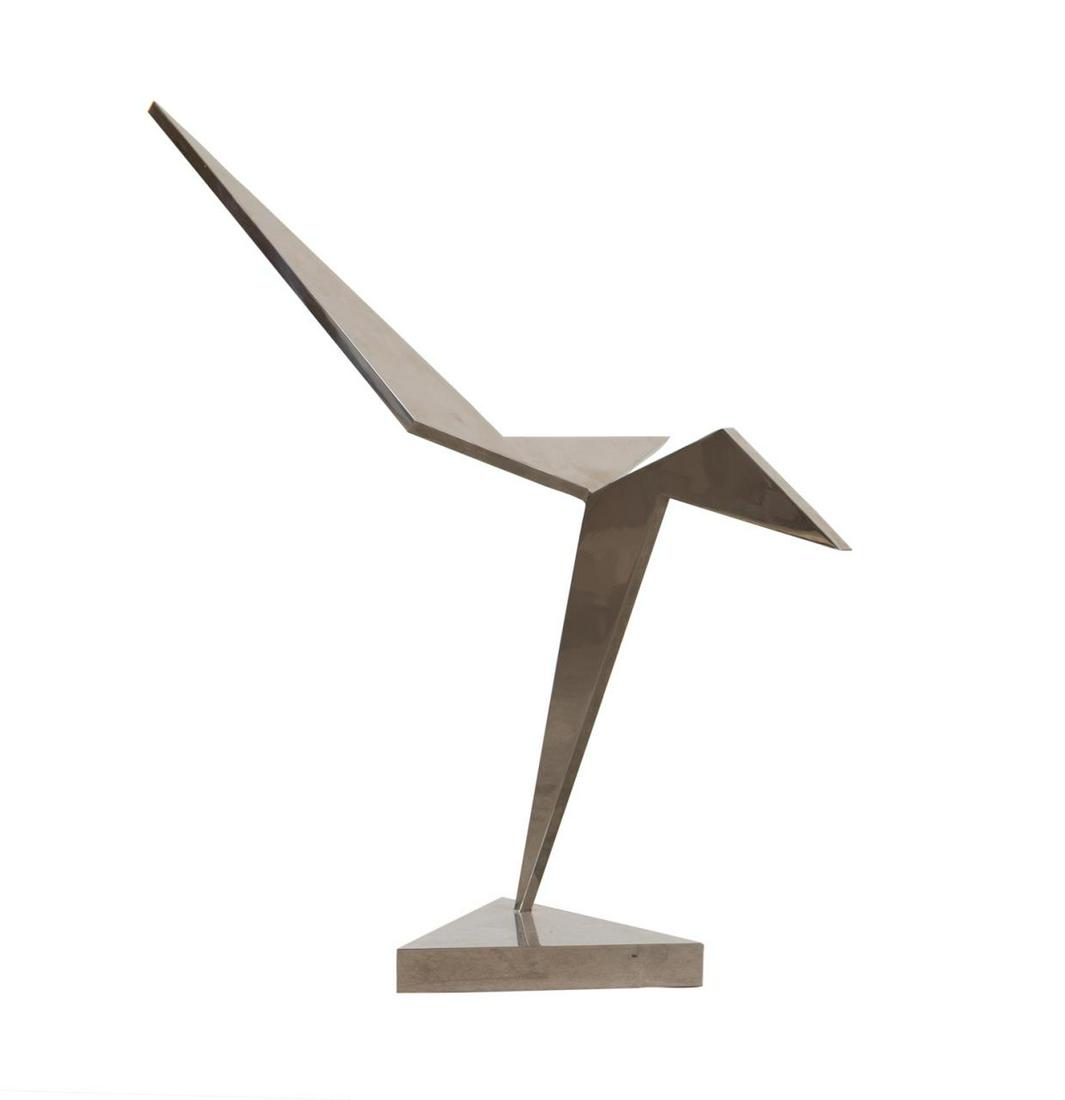 LARRY MOHR "MARQUETTE" GEOMETRIC METAL SCULPTURE: Larry Mohr (American / New York 1921-2013), "Marquette" 2005, metal and chrome abstract geometric sculpture, signed, numbered 3/8. and dated to lower edge of base. Approximate dimensions: h. 39.75", w