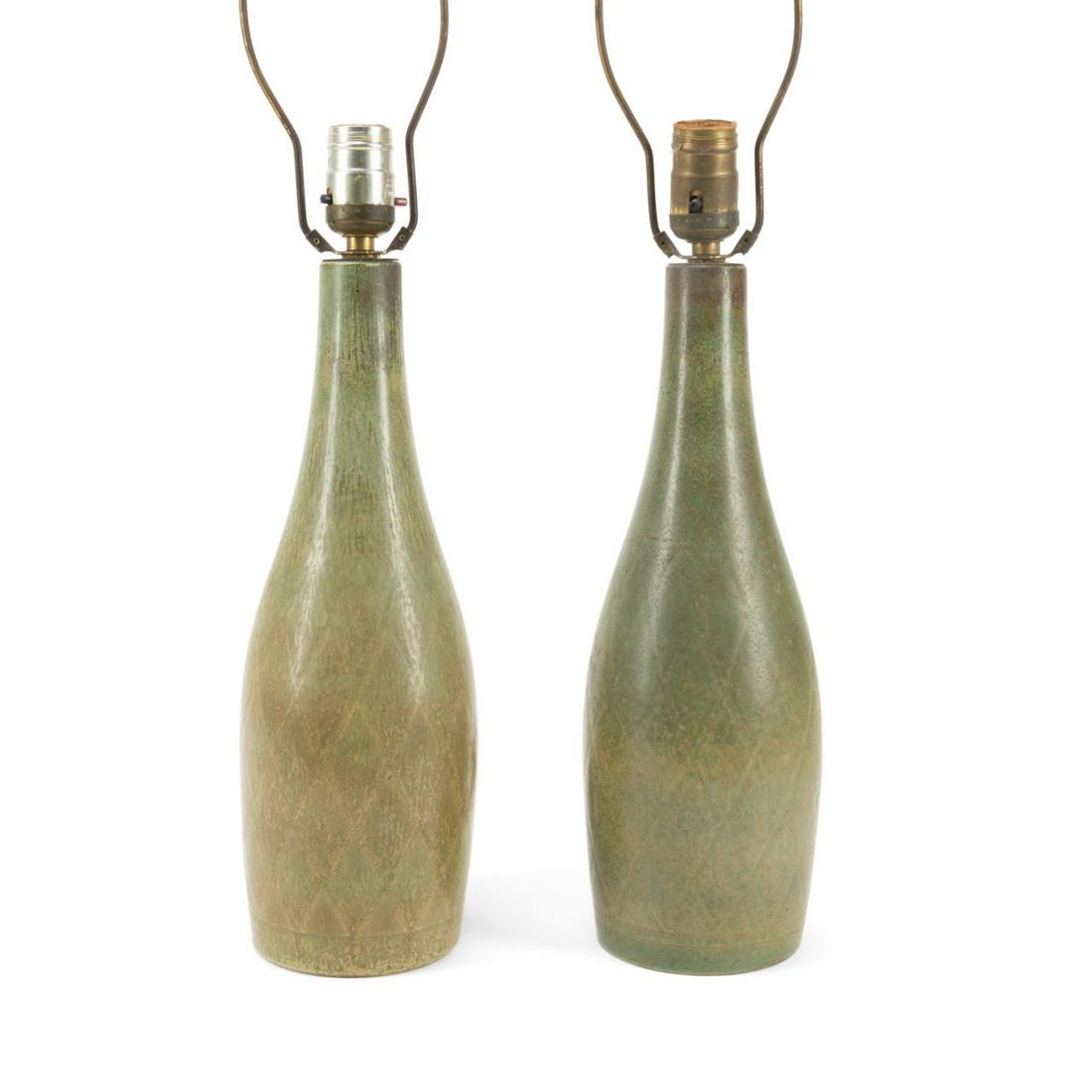 PAIR GUNNAR NYLUND CELADON ART POTTERY LAMPS: Pair of Gunnar Nylund (Swedish 1904-1997) for Rorstrand (Swedish 1726), art pottery lamps, mid-20th century, each having a bottle form with a celadon glaze, and a slightly incised diapered pattern, ma