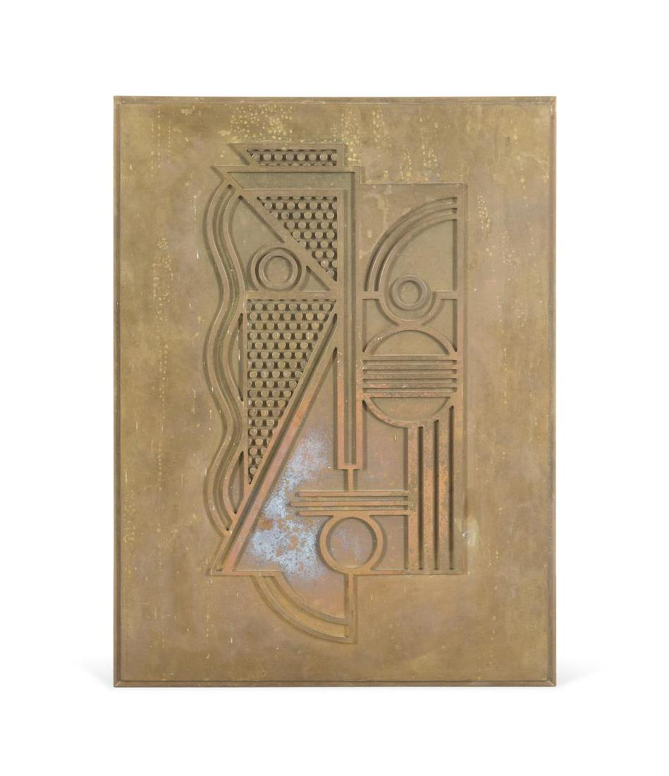 R. LICHTENSTEIN "MODERN HEAD RELIEF" 70/100: Roy Lichtenstein (American 1923-1997), "Modern Head Relief," 1970, brass plaque depicting a stylized face, having a copper plate en verso with an etched signature and an edition number 70/100. Approxi