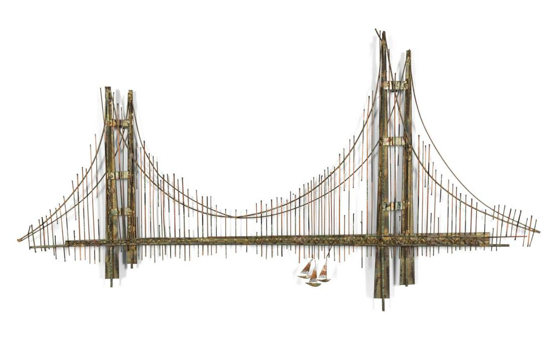 CURTIS JERE MIXED METAL BRUTALIST BRIDGE SCULPTURE: Curtis Jere (American est. 1963),suspension bridge or Golden Gate bridge, 1972, mixed metal wall sculpture, signed and dated to lower right support, unframed. Approximate dimensions: h. 32.5", w. 59",