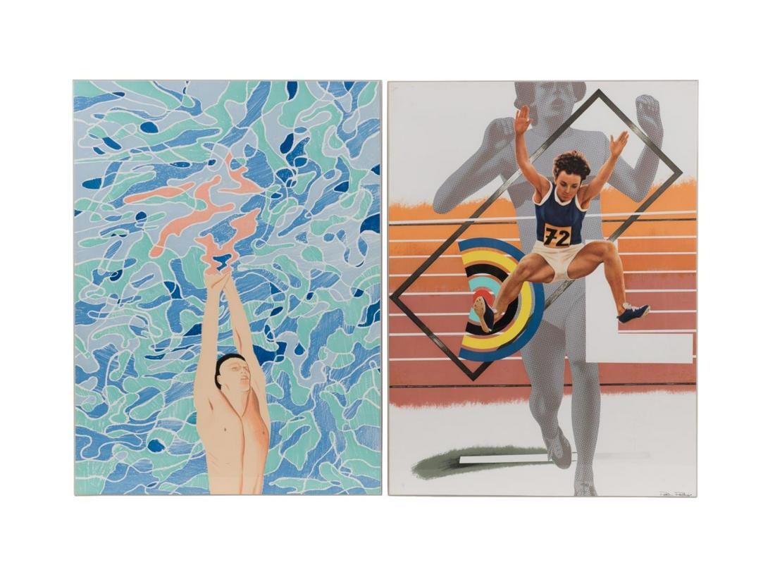 2 MUNICH 1972 OLYMPIC POSTERS, PHILLIPS & HOCKNEY: Peter Phillips (American / English b. 1939) and David Hockney (English b. 1937), two "Olympische Spiele Munchen" 1972 offset poster lithographs depicting one for track and field and one for swimming,