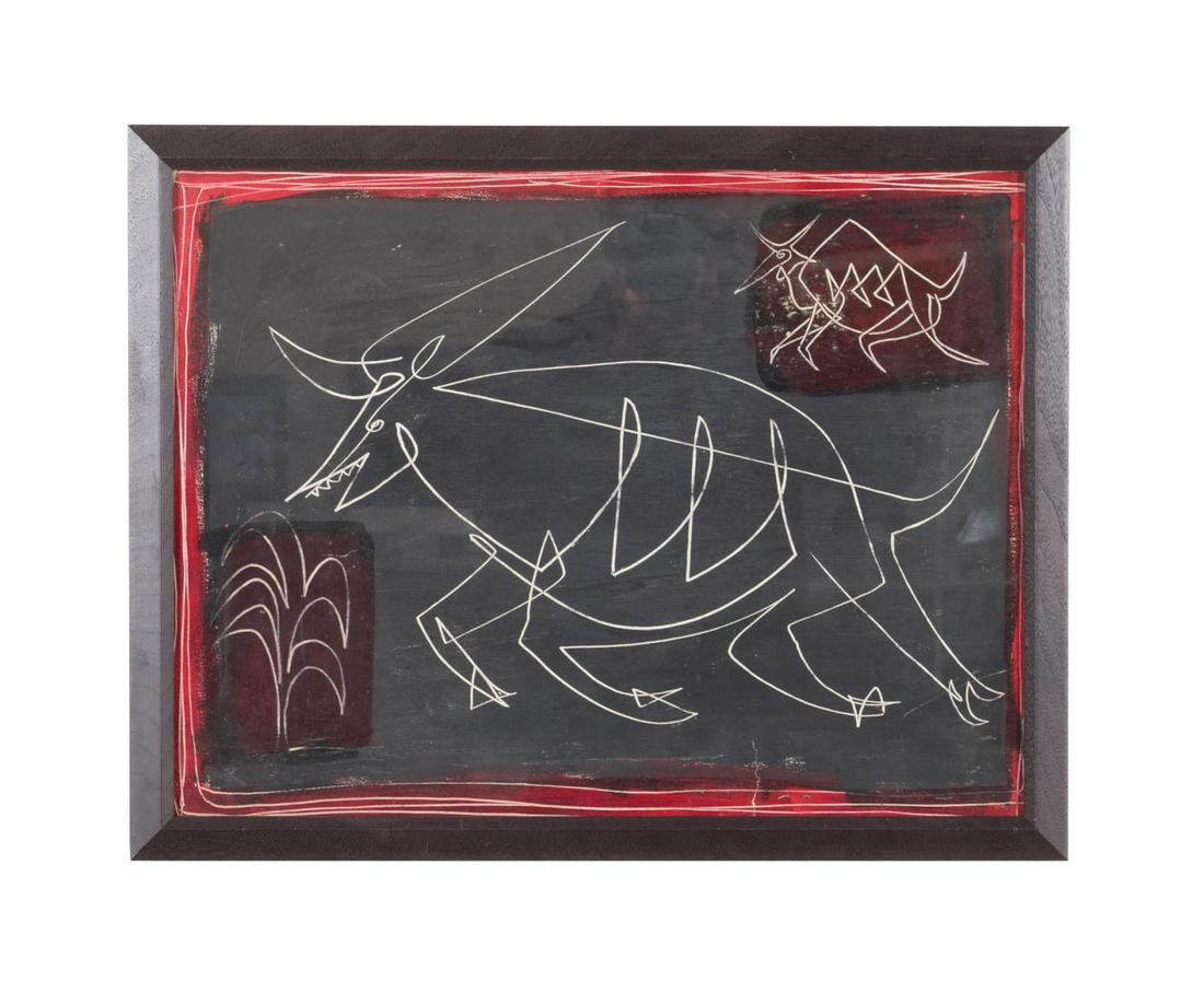 AMERICAN SCHOOL ANIMAL ABSTRACT ON PANEL: American School animal abstract, acrylic on board, centering a line drawn bull form on a black ground with a conforming bull in the upper right corner and a foliate element at the lower corner, the wh