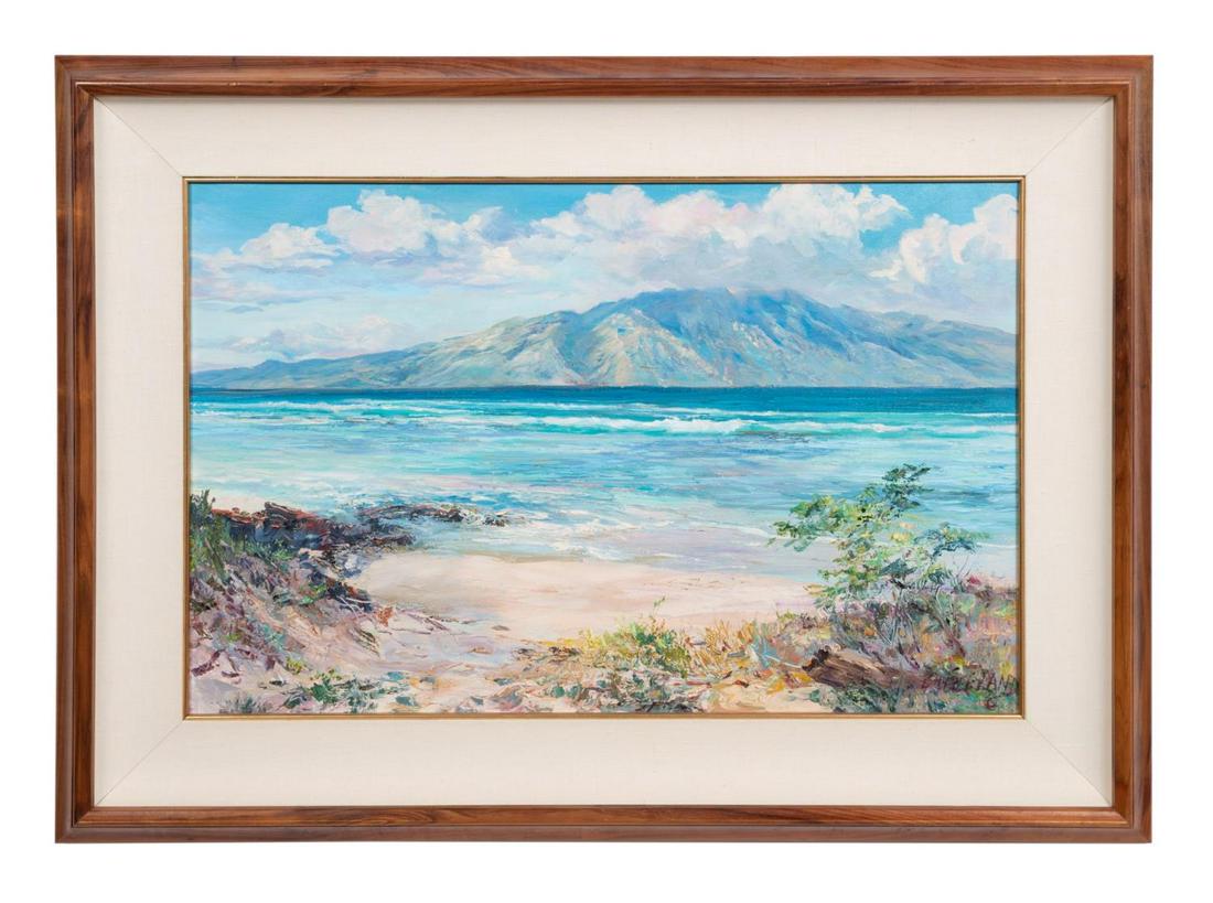 BETTY HAY FREELAND, "SHIPWRECK BEACH, LANAI, HI": Betty Hay Freeland (American/Hawaii b. 1941), "Shipwreck Beach, Lanai, HI," 1992, oil on canvas, depicting a Hawaiian beach landscape with a mountain in the distance, signed at lower right, title, att