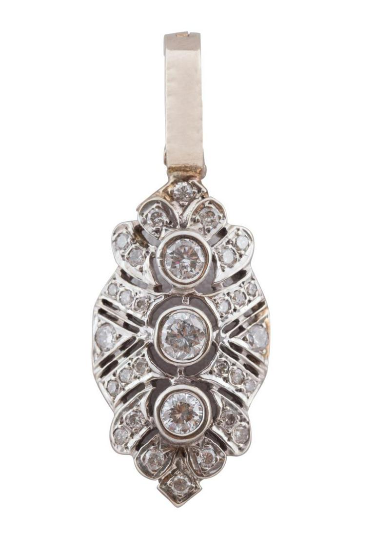 EDWARDIAN STYLE DIAMOND & 14K WG PENDANT ENHANCER: Diamond and 14k white gold pendant enhancer in the Edwardian taste, featuring 3 larger and 28 smaller round brilliant cut diamonds weighing approximately 1.05cts total, of overall I-1 clarity and H/l/