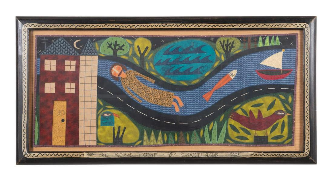 CHRIS ANTIEAU, "THE ROAD HOME" M/M FOLK ART: Chris Roberts-Antieau (American b. 1951) "The Road Home", embroidered fabric appliques and mixed media depicting a figure at night floating down stream, accompanied by a fish and sail boat, into a res