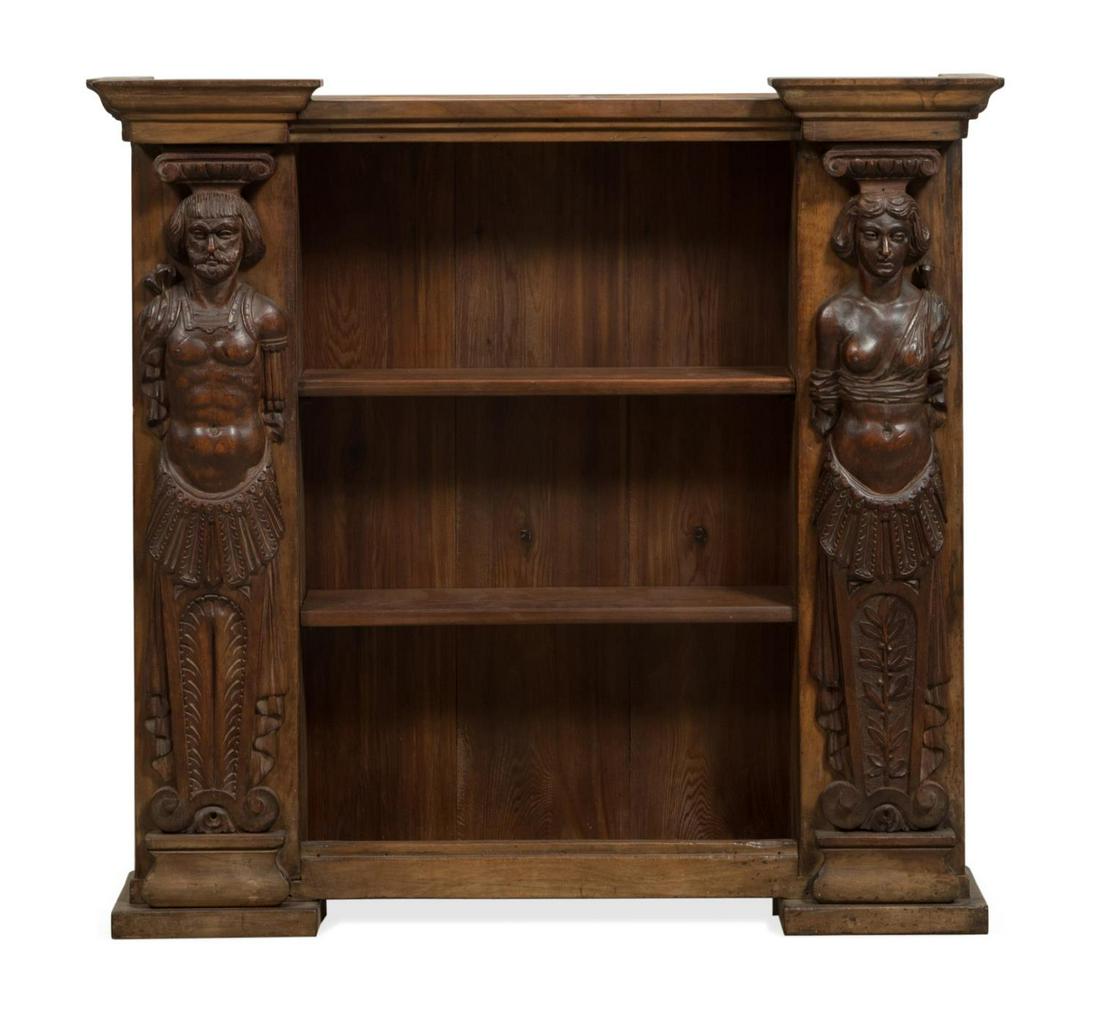 19TH C. RENAISSANCE REVIVAL FIGURAL WALL CABINET: European Renaissance Revival oak wall cabinet, 19th century, having a shaped cornice, three open shelves flanked by male and female figures, and rising on a conforming plinth base, apparently unmarked