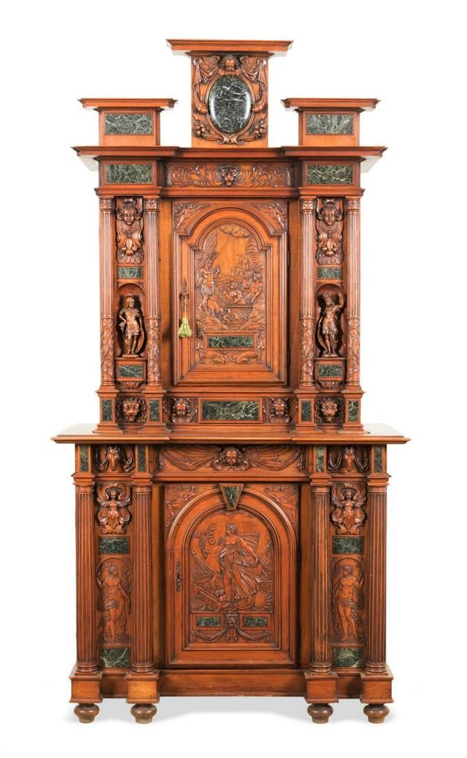 BELLANGER RENAISSANCE REVIVAL OAK FIGURAL BUFFET: Bellanger Fabricant (French), Renaissance Revival oak buffet cabinet with green marble accents, late 19th century, having extensive carving featuring figures, masks, mythical scenes, and column form s