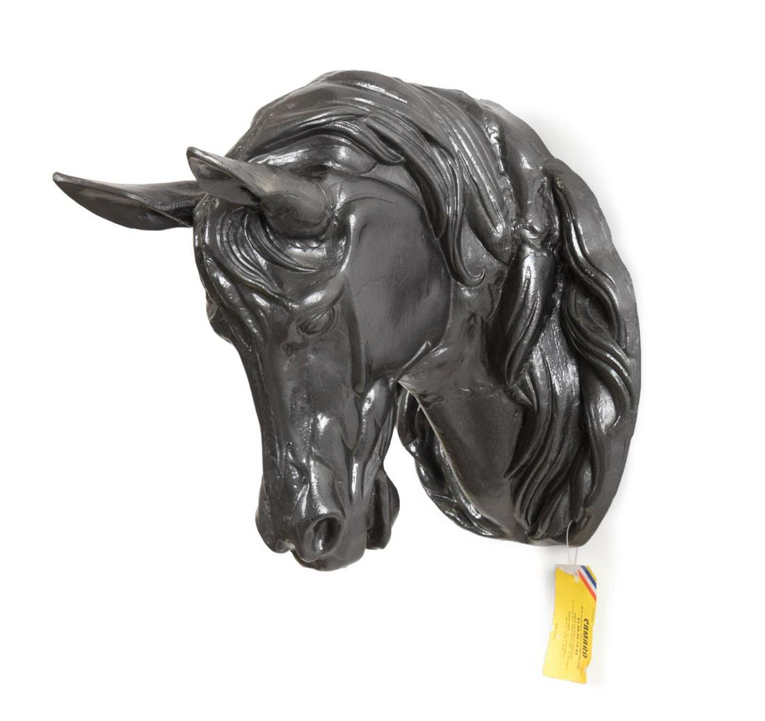 FRENCH STYLE PAINTED METAL HORSE'S HEAD TRADE SIGN: French style painted metal, likely aluminum, shop trade sign, modeled as a horse's head, Camard shipping label otherwise apparently unmarked. Provenance: From the Collection of Bruce Cusmano, Metropol