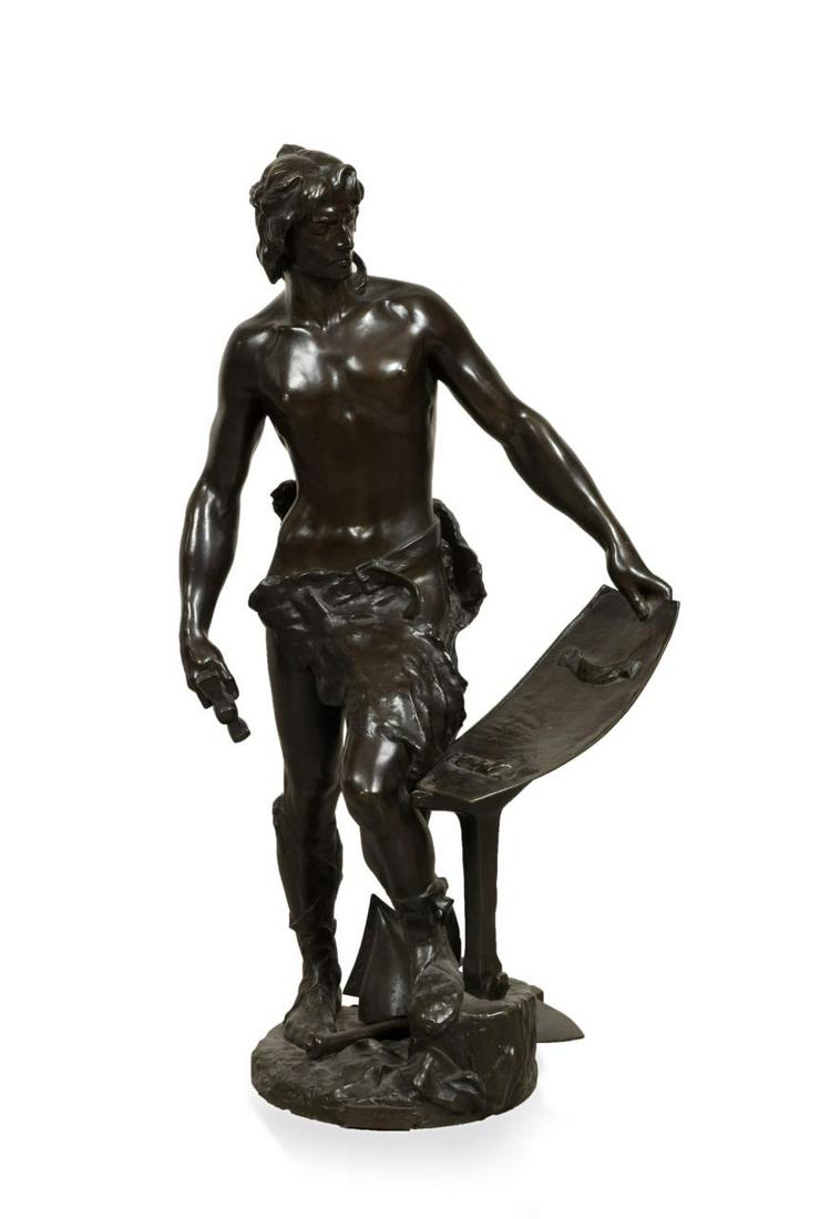 ANDRE PAUL ARTHUR MASSOULLE, "LE TRAVAIL”, BRONZE: Andre Paul Arthur Massoulle (French 1851–1901), "Le Travail", undated, patinated bronze, sculpture depicting a male forging weapons, signed in mold at lower right. Approximate dimensions: h. 31. 75"