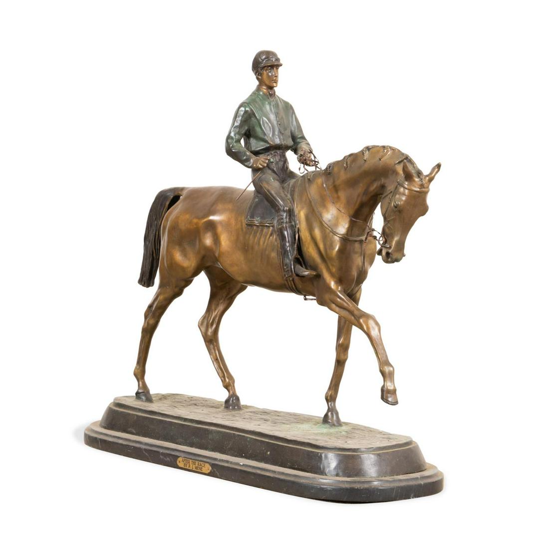 AFTER P. J. MENE, "AFTER THE RACE", LARGE BRONZE: After Pierre Jules Mene (French 1810-1879), "After The Race", patinated cast bronze, large equestrian sculpture depicting a jockey on a horse, signed in mold to back of plinth, with plaque to the fron