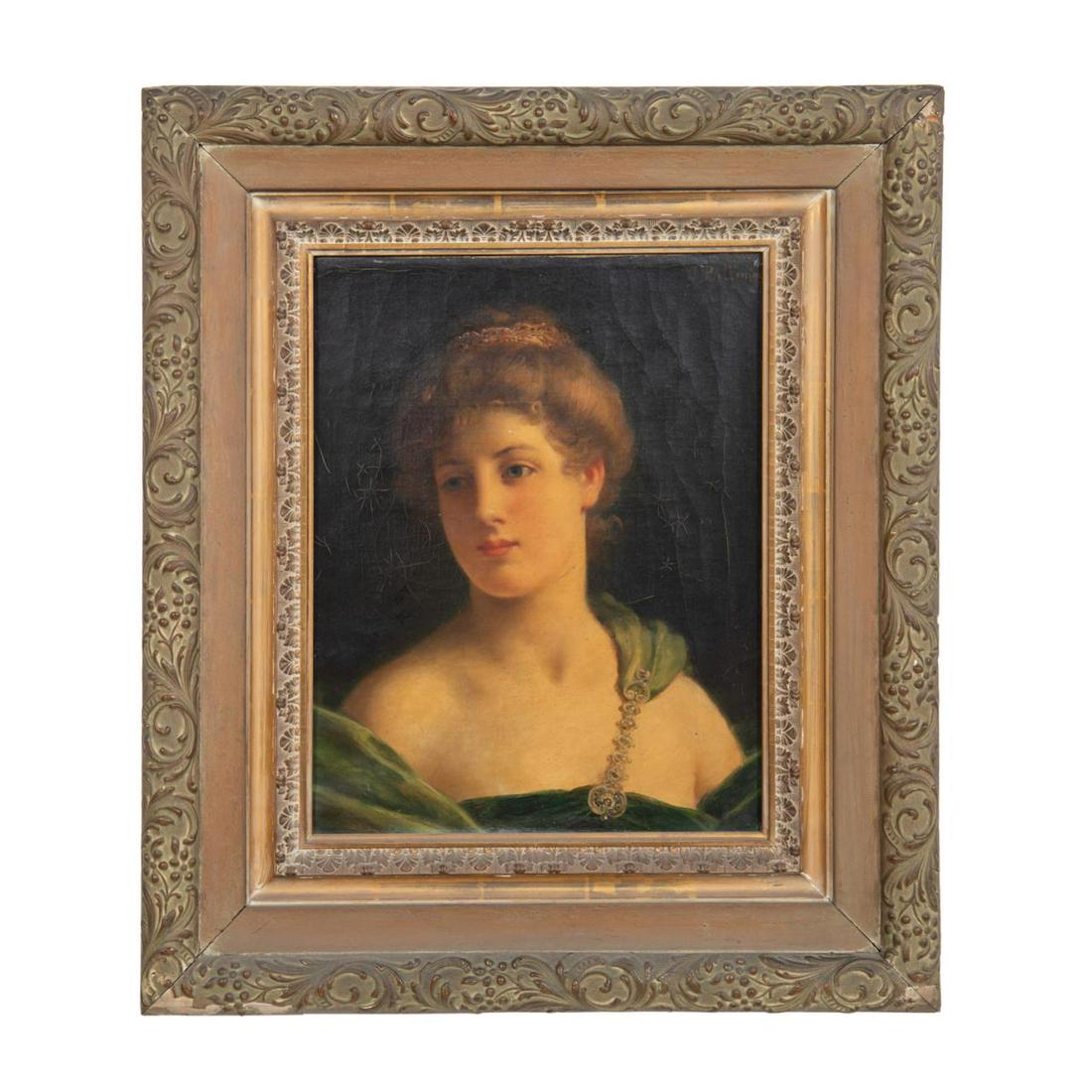 J. F. BALLAVOINE, PORTRAIT OF BLONDE BEAUTY, O/C: Jules Frederic Ballavoine (French, 1855-1901), circa 1890, oil on canvas, portrait of a blonde female wearing a green dress with a jeweled strap over one shoulder, dark background, signed "J. Ballavoi