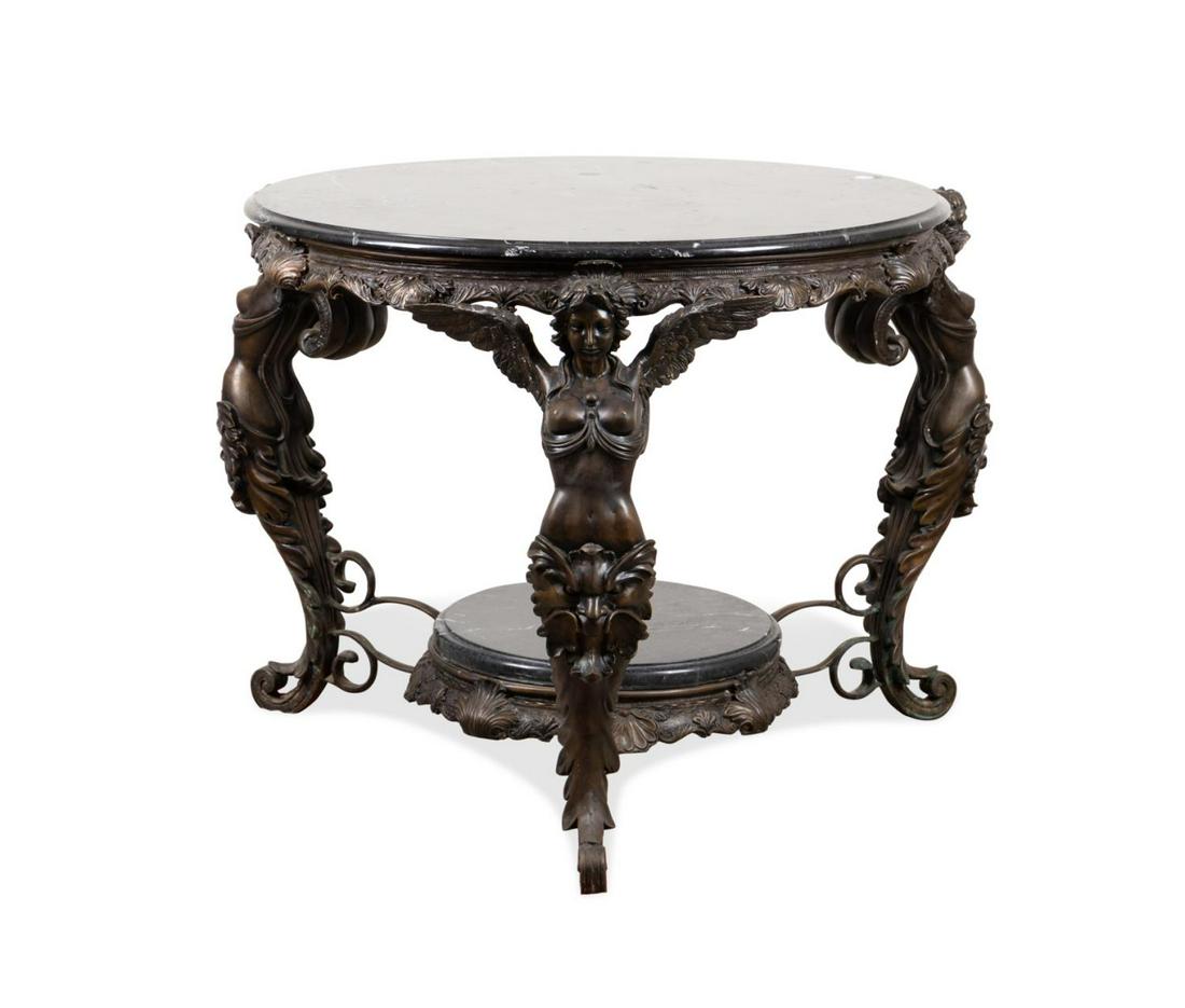 EMPIRE STYLE MARBLE TOP BRONZE GUERIDON TABLE: Bronze gueridon center table in the Empire taste, having a black marble top and shelf, and rising on winged female supports with scrolled feet, apparently unmarked. Approximate dimensions: h. 31", dia