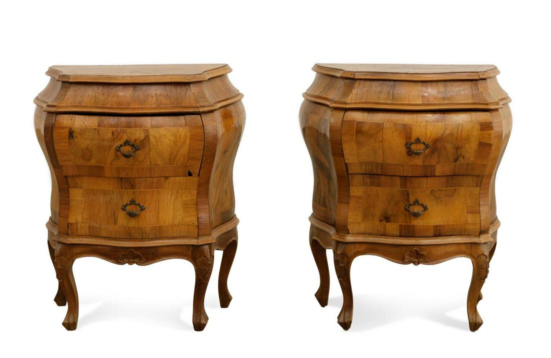PAIR CONTINENTAL SMALL WALNUT BOMBE COMMODES: Continental, Italian or Flemish style. bombe walnut and mixed wood night stands or small two drawer commodes, apparently unmarked. Approximate dimensions: h. 28. 25", w. 23. 5", d. 14".