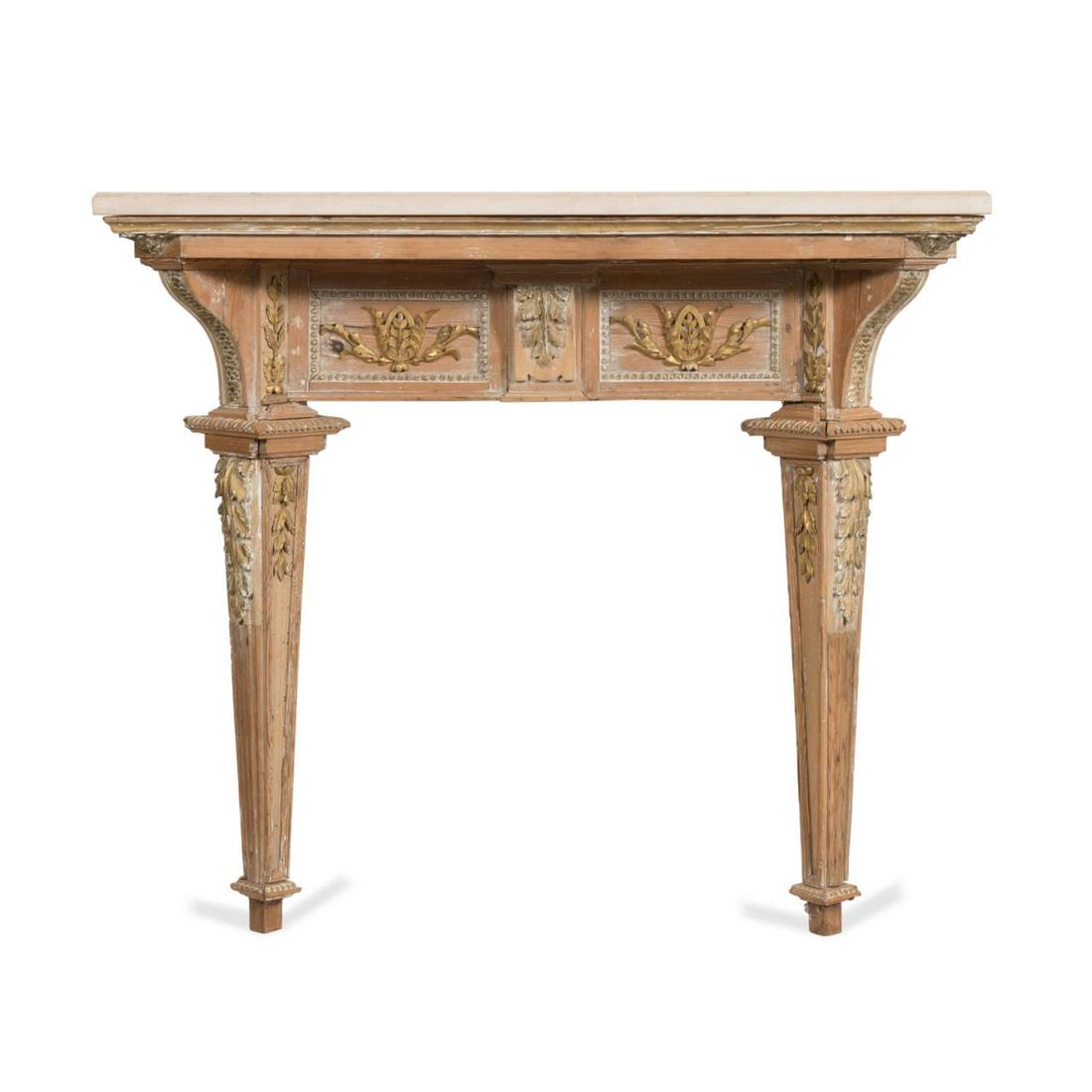 NEOCLASSICAL STYLE PARCEL GILT CONSOLE TABLE: Continental, likely Italian, Neoclassical style parcel gilt pine console table with a stone top, shaped apron with foliate applique, and rising on square tapered legs, apparently unmarked. Approximate