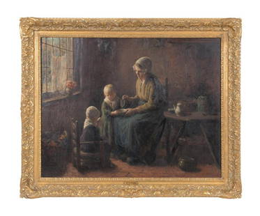 BERNARD POTHAST, WOMAN WITH CHILDREN, OIL: Bernard (Bernhard) Jean Corneille Pothast (German/Dutch/Flemish 1882-1966), oil on canvas, Northern European interior genre scene depicting a woman, possibly a mother, with two young children, signed