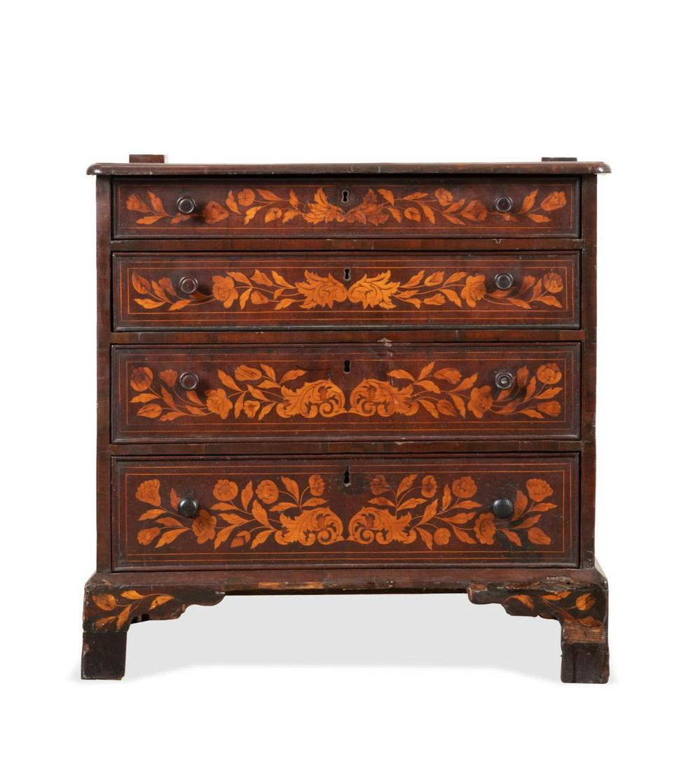 19TH C. DUTCH MARQUETRY INLAID FOUR DRAWER COMMODE: Dutch mahogany and mixed wood veneer four drawer commode or chest, 19th century, having and overhanging top, foliate marquetry inlay, and rising on bracket feet, retail label to the upper drawer but o