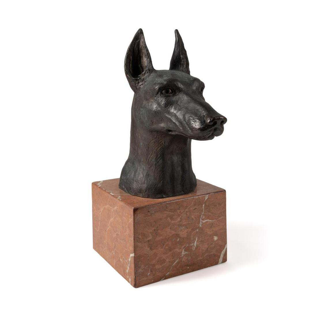 SANTIAGO, DOBERMAN PINSCHER, BRONZE ON MARBLE: Santiago de Santiago Hernandez (Spanish b. 1925), patinated cast bronze sculpture of a Doberman Pinscher's head, signed in mold to lower left, numbered 4/150, and having a Codina Foundry (Madrid) mark