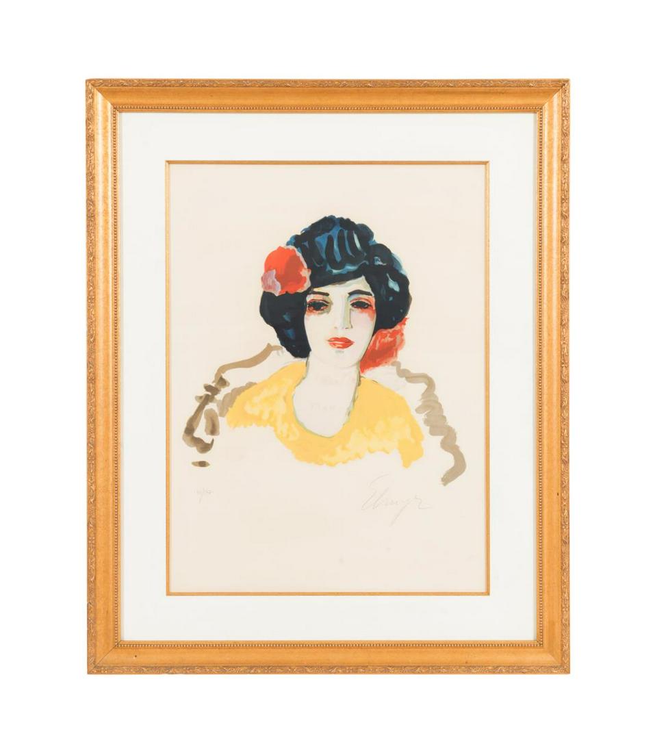 ELMYR DE HORY "BEAUTY WITH BLACK HAIR" LITHOGRAPH: Elmyr De Hory (Hungary 1906-1976), "Beauty with Black Hair" lithograph on paper depicting a bust length portrait of a woman with her hair up wearing a yellow shirt, pencil signed to lower right and nu