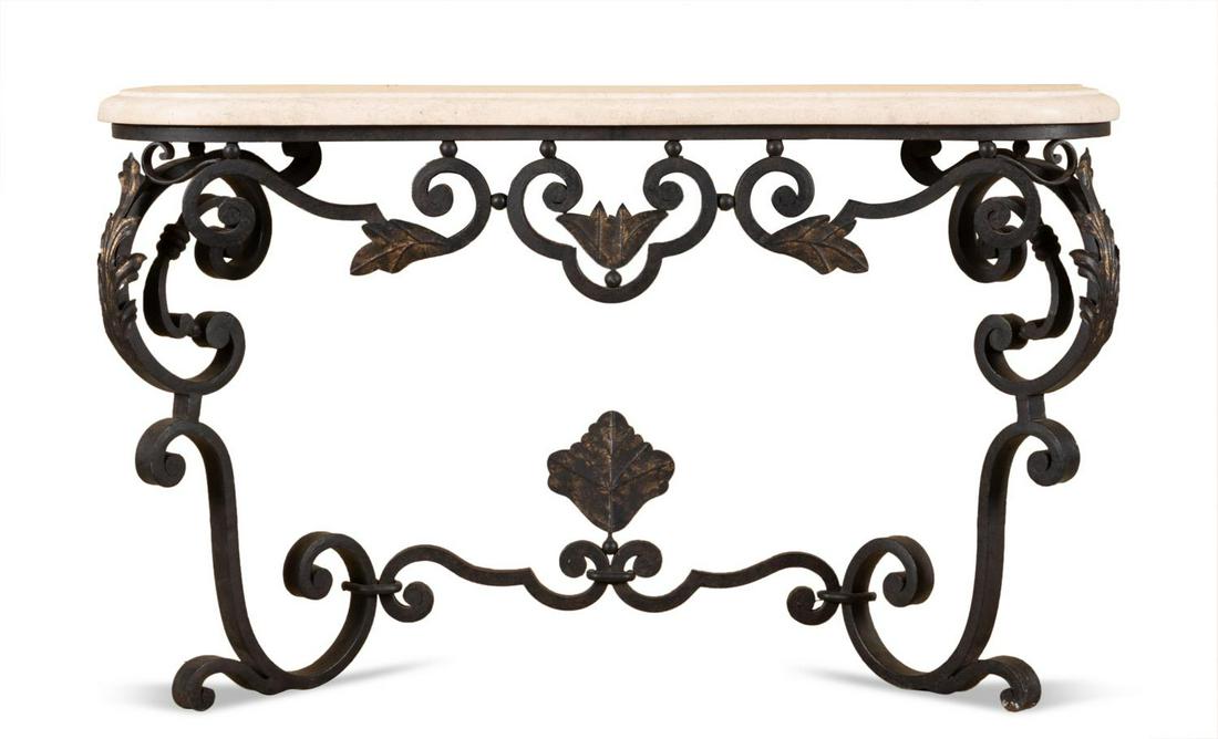 TRAVERTINE STONE TOP WROUGHT IRON CONSOLE TABLE: Possibly Continental wrought iron wall mount console table in the Louis XV Rococo taste, having a serpentine travertine stone top, foliate scrolled apron, and rising on curving legs with stretcher, ap
