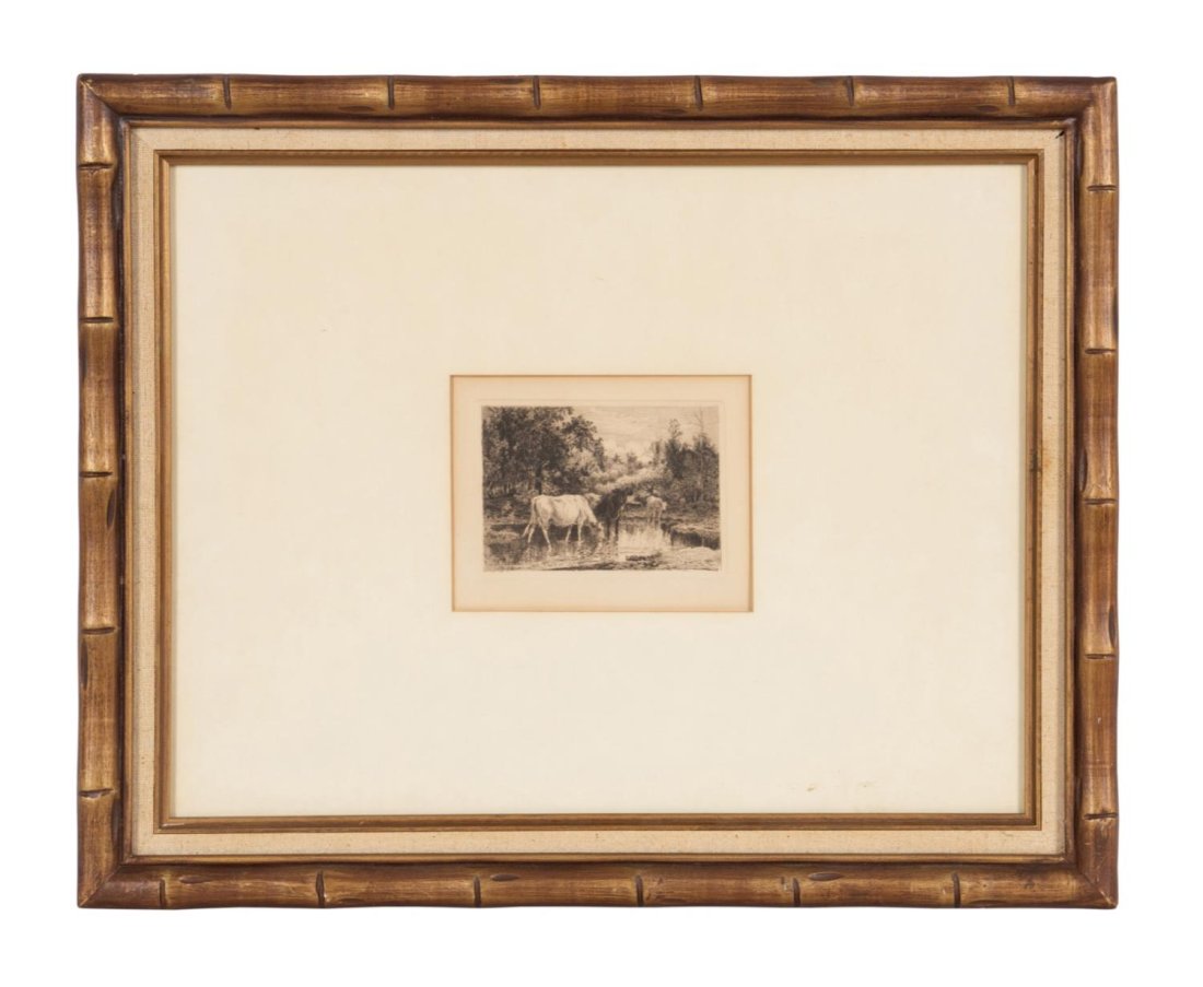PETER MORAN, "ON THE NESCHIMONG RIVER" ETCHING: Peter Moran (American 1841-1914), "On the Neschimong River" or "Cows on the River", etching on paper, apparently unsigned, framed. Approximate dimensions: plate h. 3.375", w. 5.125"; frame h. 17.25",