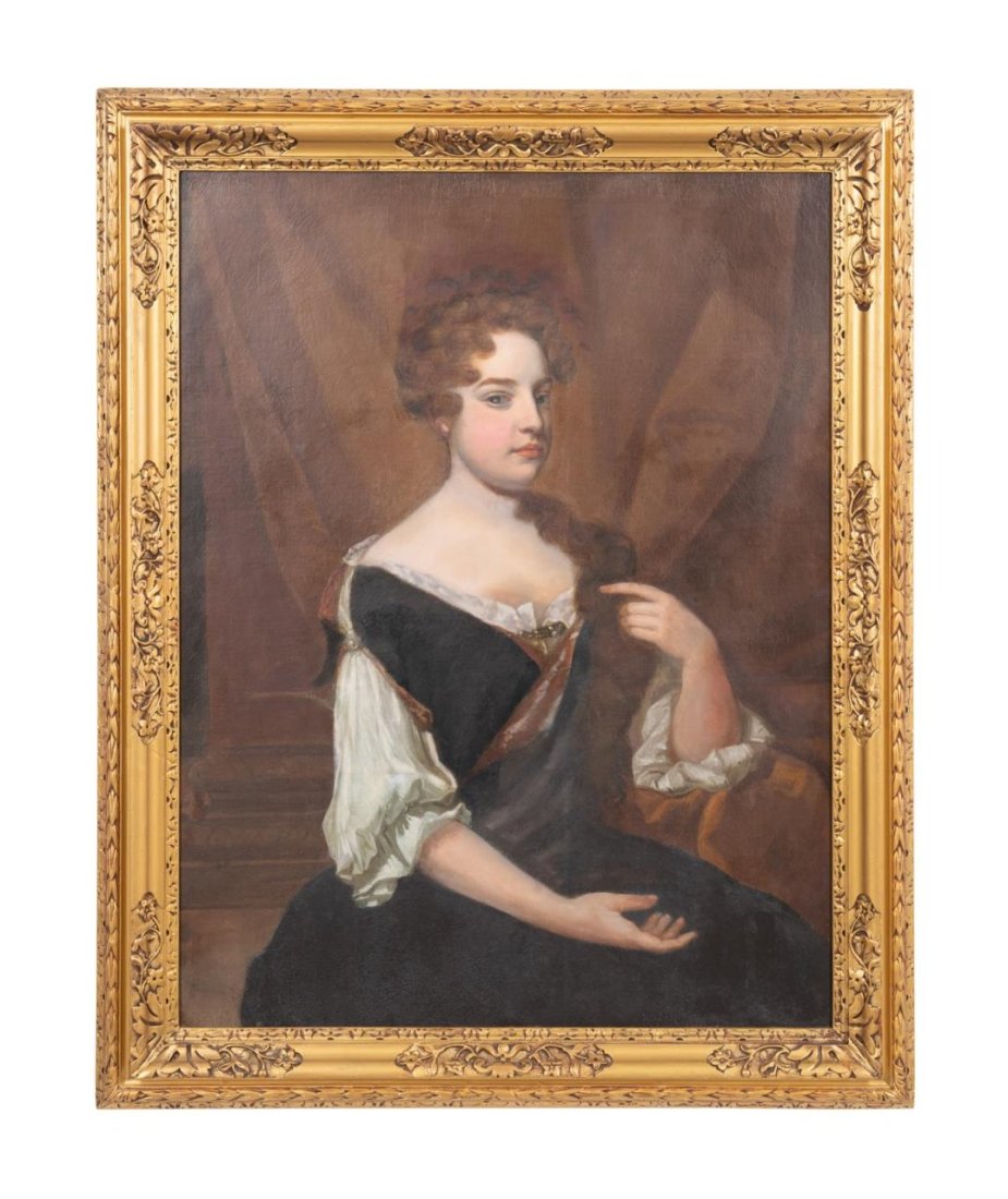 BRITISH SCHOOL PORTRAIT OF A BAROQUE LADY, OIL: British School,19th century or possibly earlier, oil on canvas, three quarter length portrait of a lady in Baroque dress, possibly Nell Gyn (English 1650-1687), apparently unsigned, framed. Provenance