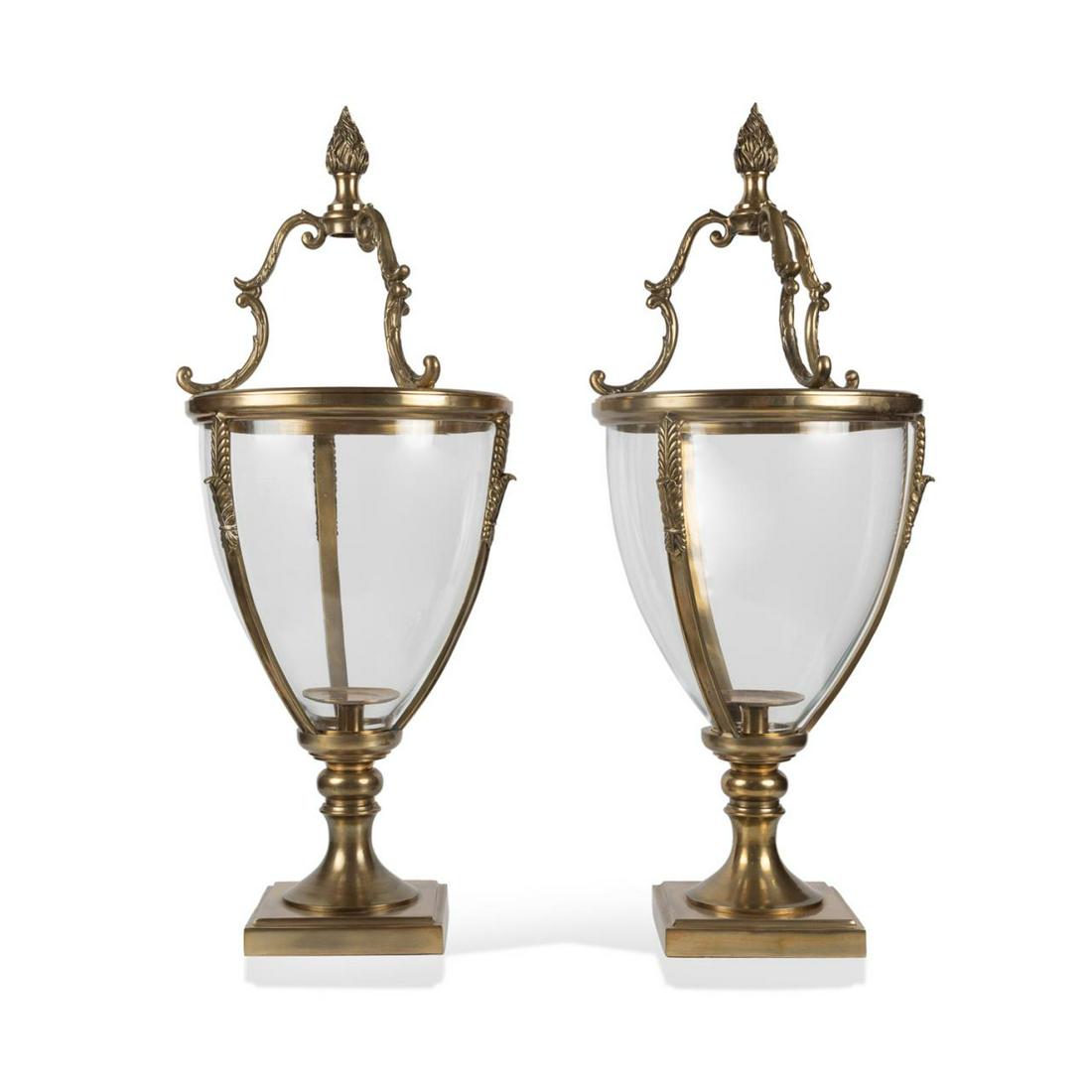 PAIR LARGE REGENCY STYLE BRASS & GLASS HURRICANES (1 of 6)