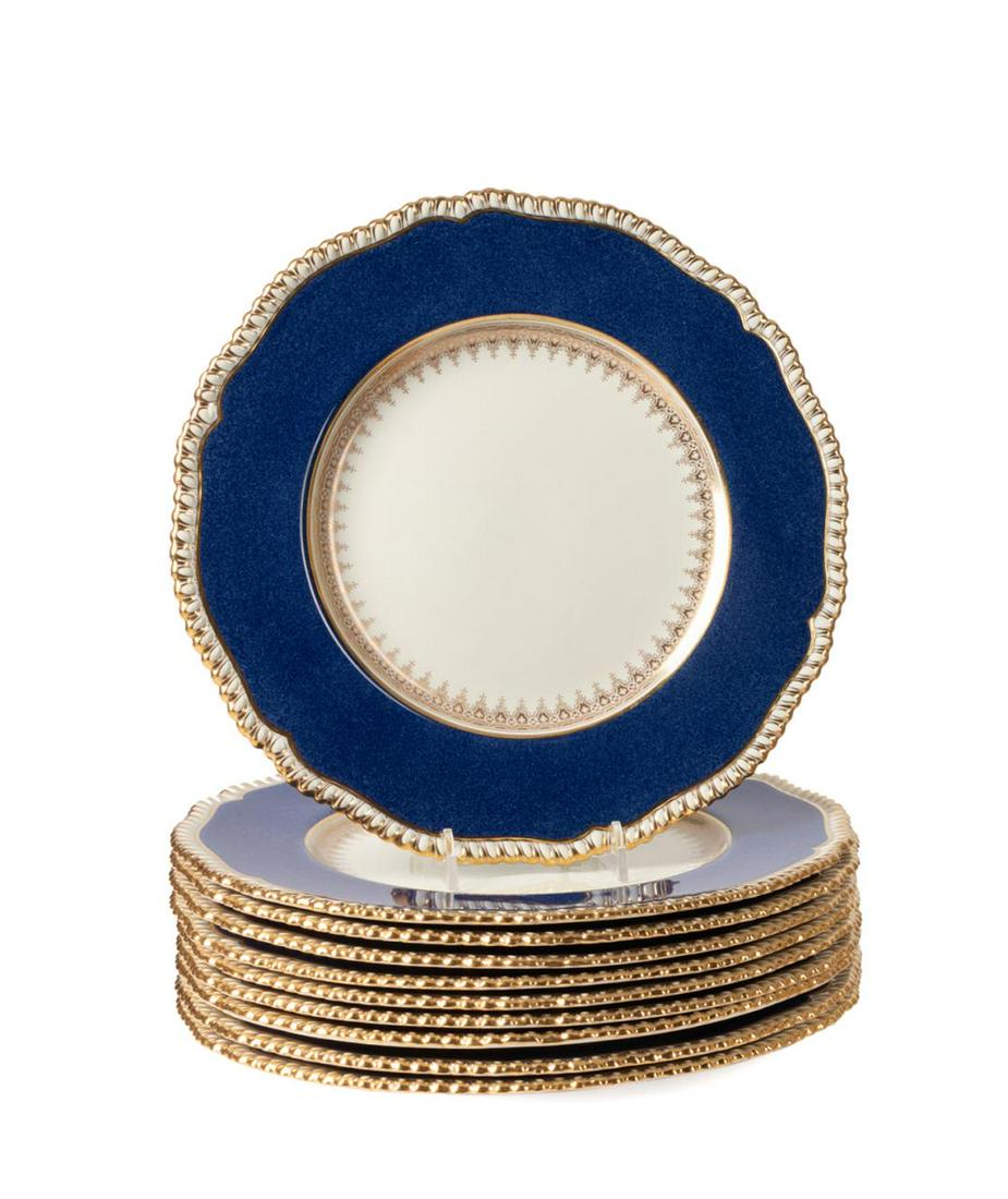 10PCS COPELAND SPODE GILDED DINNER PLATES: Ten Copeland Spode gilded bone china dinner plates, (R9729) with powder blue rims all marked to the back. Approximate dimensions: dia. 10. 5".