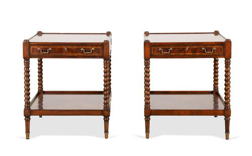 PAIR JONATHAN CHARLES "BUCKINGHAM" SIDE TABLES: Pair of Jonathan Charles Fine Furniture (American 2004), "Buckingham" side tables, each having crotch mahogany veneers with satinwood inlay, single drawer, barley twist supports with open shelf, and r