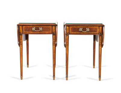 PAIR JONATHAN CHARLES "BUCKINGHAM" SIDE TABLES: Pair of Jonathan Charles Fine Furniture (American 2004), mahogany veneer and mahogany "Buckingham" drop leaf Pembroke side tables, each having mixed wood parquetry inlay, glass top, and rising on