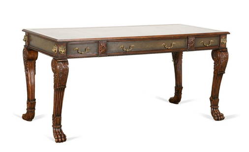 JONATHAN CHARLES "WINDSOR" NEOCLASSICAL DESK: Jonathan Charles Fine Furniture (American 2004), "Windsor" leather covered mahogany writing table in the Italian Neoclassical taste, with three drawers and rising on scrolled legs with paw feet, havin