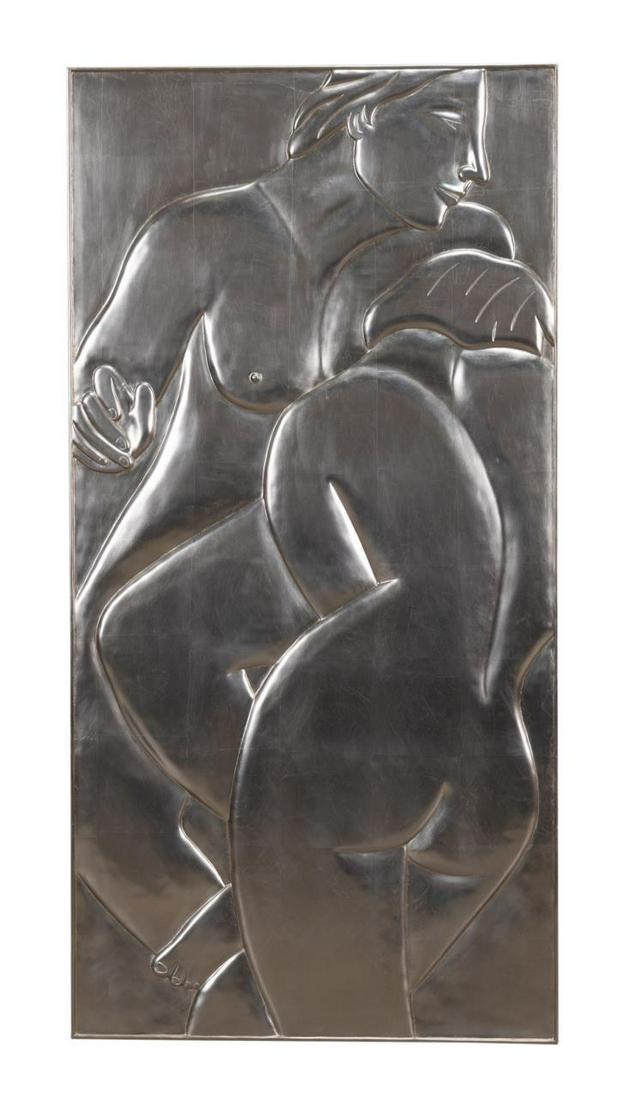 CHRISTOPHER GUY "FEMMES" FIGURAL SILVER PANEL: Christopher Guy "Femmes" silver leaf figural wall panel, depicting two nude standing females, with maker's mark en verso. Approximate dimensions: h. 57. 5", w. 28. 75", d. 1. 625".