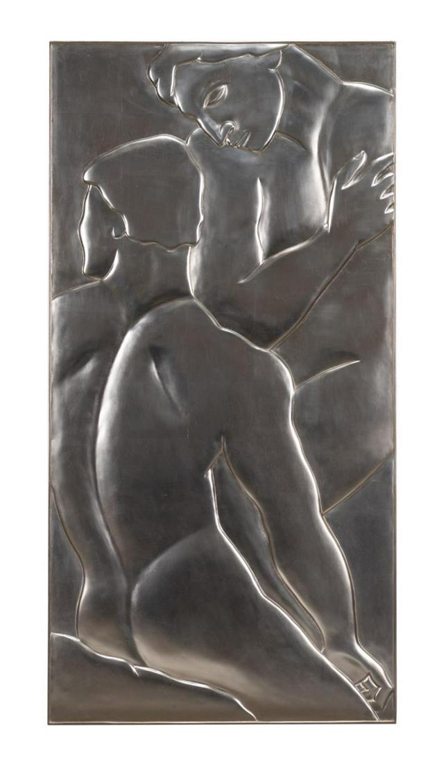 CHRISTOPHER GUY "FRATERNEL" FIGURAL SILVER PANEL: Christopher Guy "Fraternel" Art Deco style silver leaf figural wall panel, depicting two nude standing males, with maker's mark en verso. Approximate dimensions: h. 57. 5", w. 28. 75", d. 1. 625".