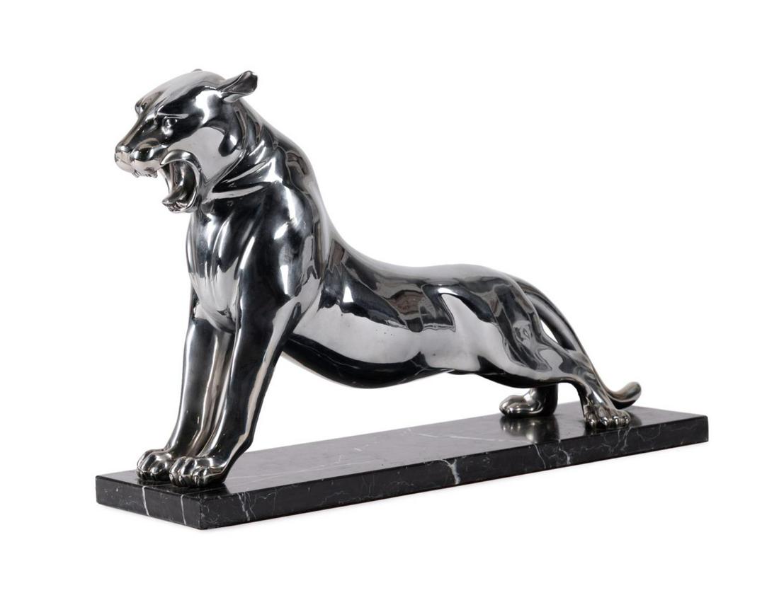 THEODORE ALEXANDER 'ROAR' STEEL PANTHER SCULPTURE: Theodore Alexander 'Roar' steel panther sculpture in the Art Deco taste from the Vanucci Eclectics collection, the panther depicted in mid stretch with its mouth open, resting on a black tessellated m
