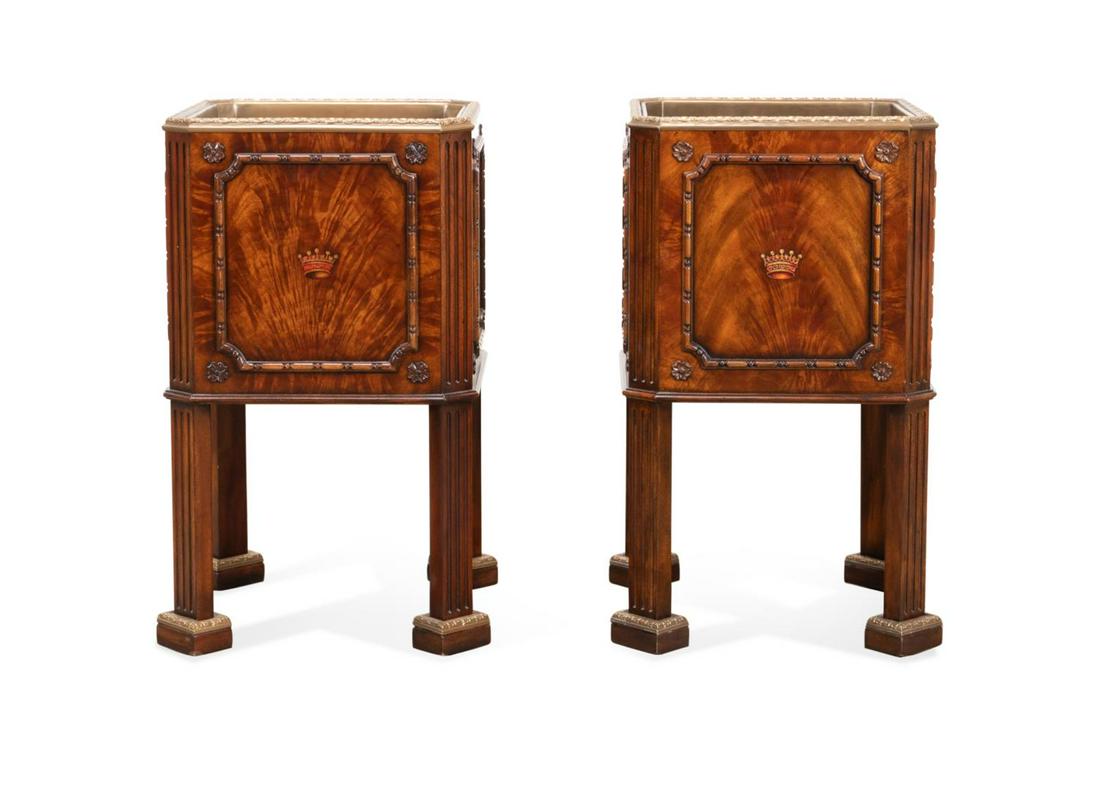 PAIR THEODORE ALEXANDER ALTHORP WINE COOLERS: Pair of Theodore Alexander, Althorp Living History collection mahogany wine coolers or jardinieres, each having a brass liner and decorated with the Spencer family coat of arms and earl's coronet, ret