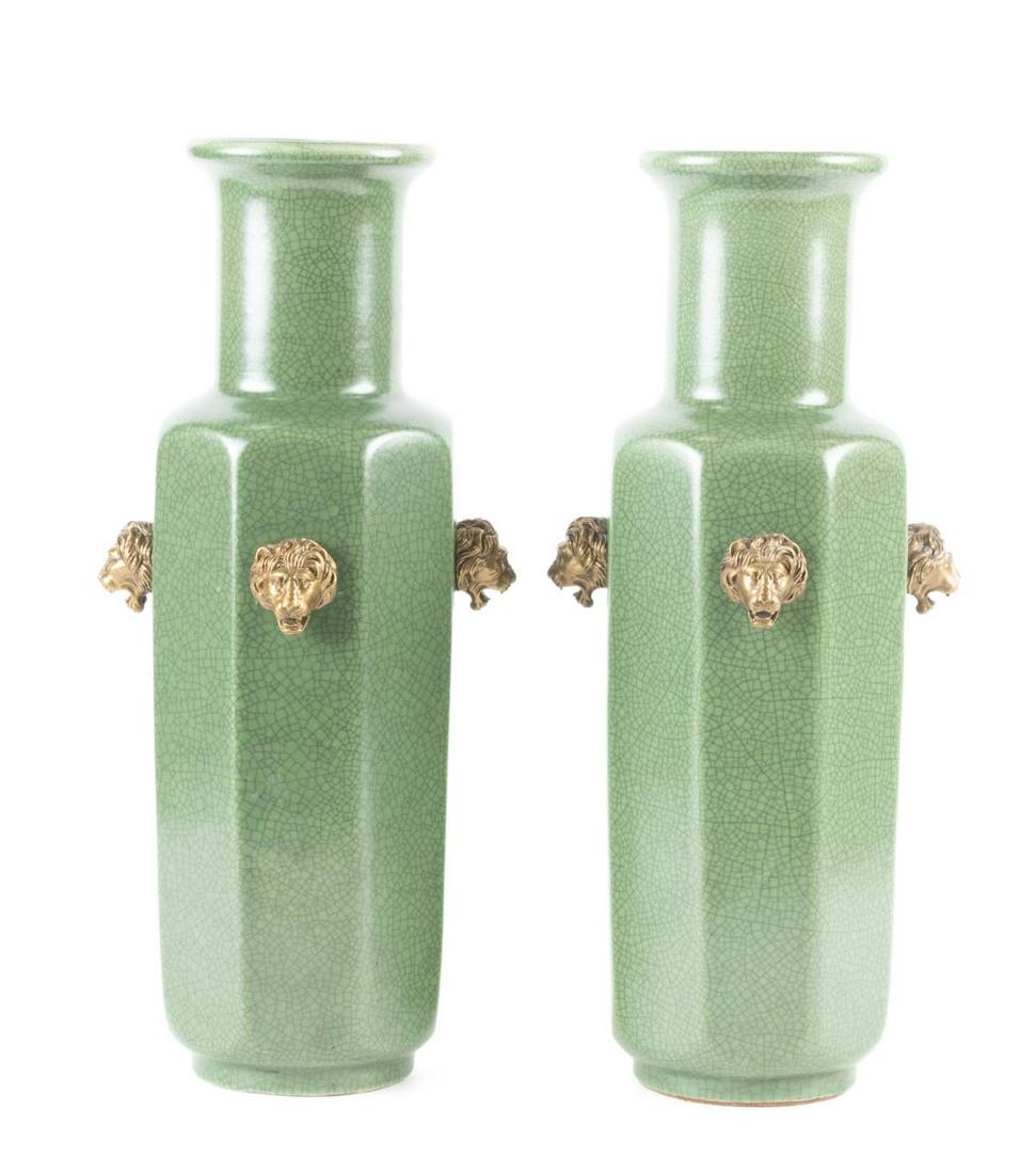 PAIR CELADON VASES W/ BRASS LION MASKS (1 of 7)