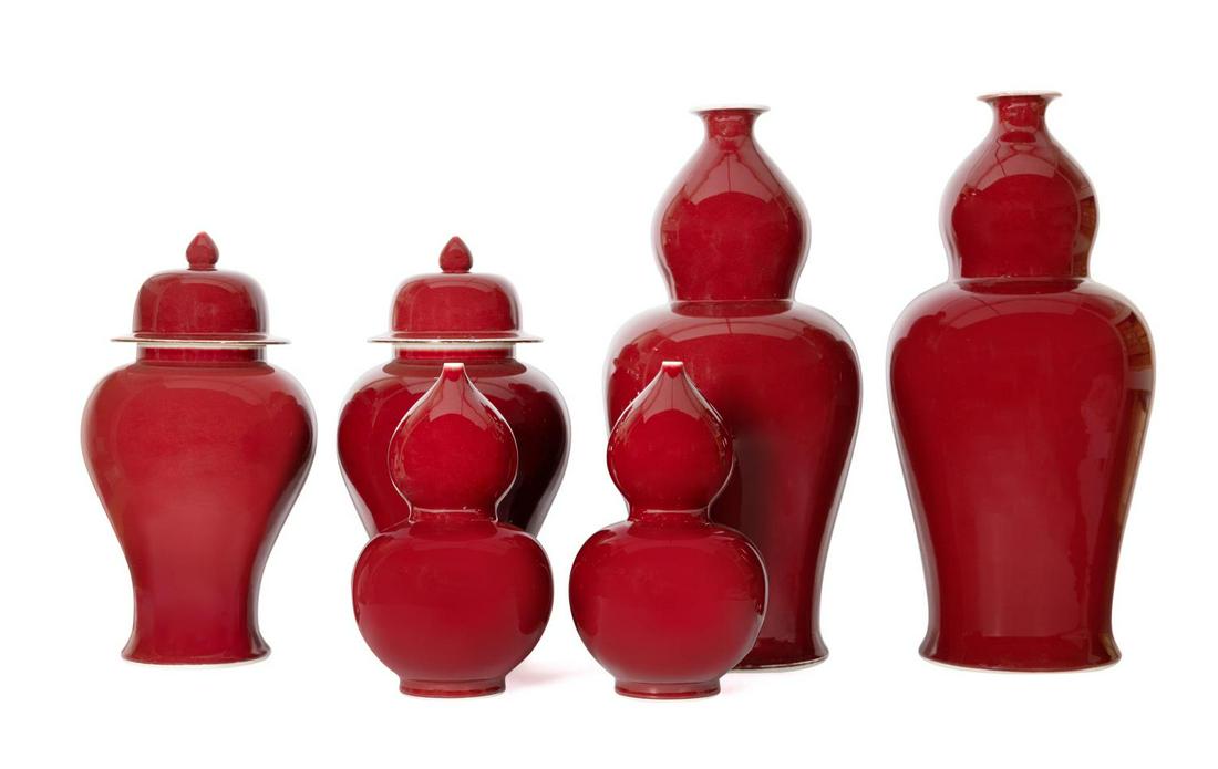 SIX CONTEMPORARY OXBLOOD RED GLAZED VASES (1 of 4)