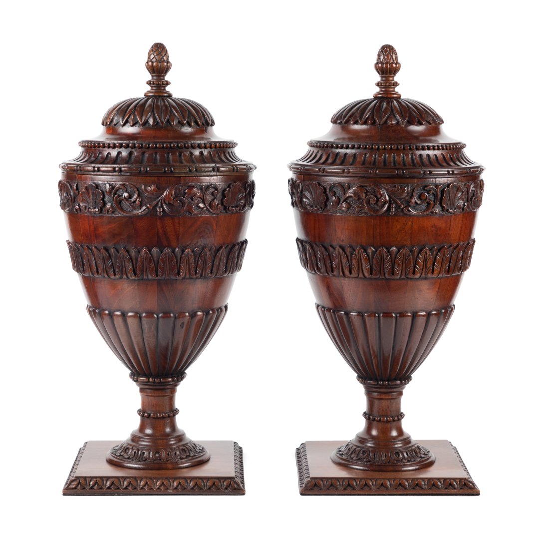 PAIR, ENGLISH CARVED MAHOGANY KNIFE URNS, C.1900 (1 of 7)