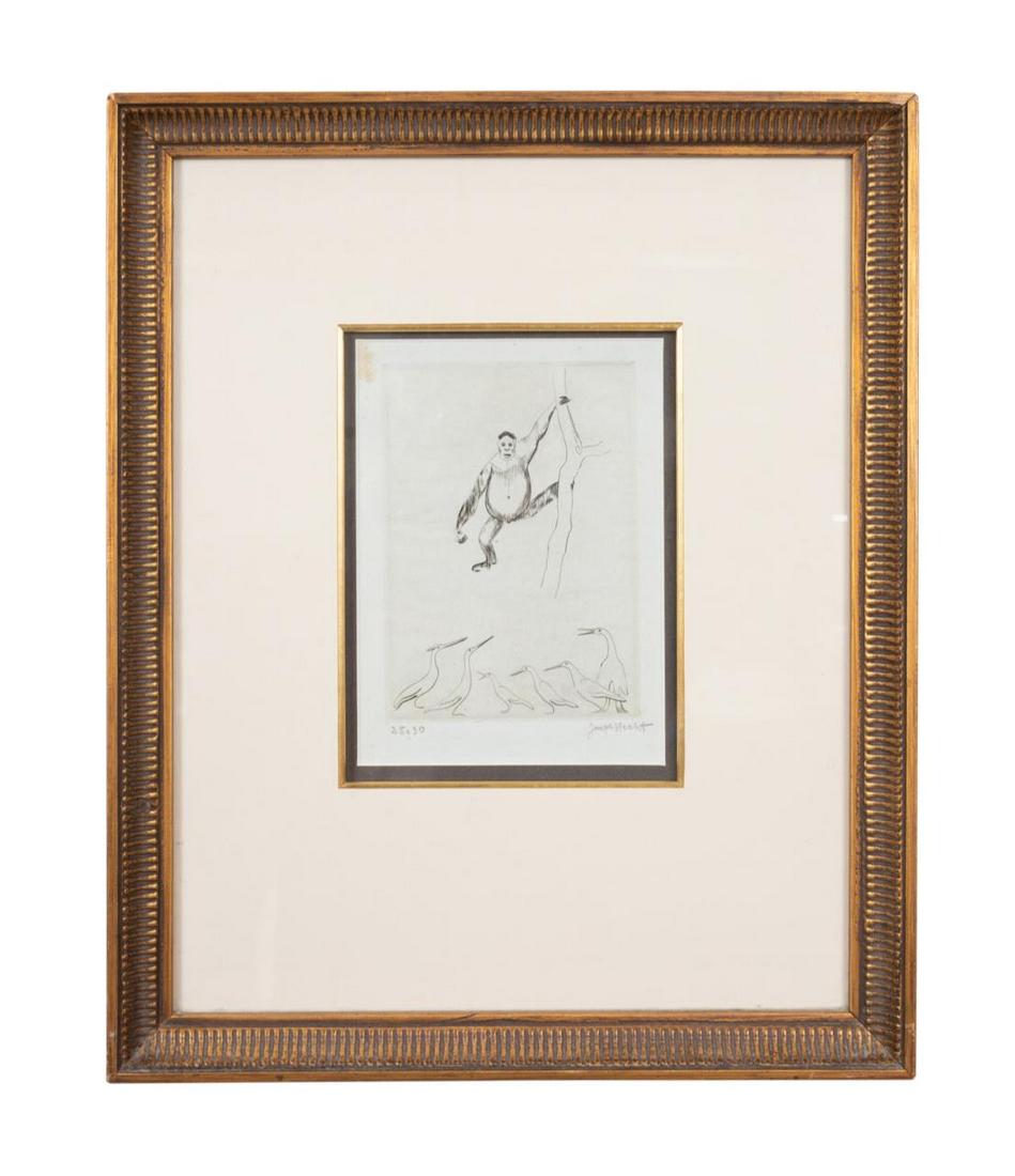 JOSEPH HECHT ETCHING "SINGE ET LES OISEAUX" C 1930 (1 of 5)