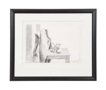 DAVID TINDLE "STILL LIFE WITH APPLES" ETCHING: David Tindle (English b. 1932), "Still Life with Apples", etching and aquatint on paper depicting a slatted chair with a vest hanging on the back and apples on the seat, signed in plate and pencil sig