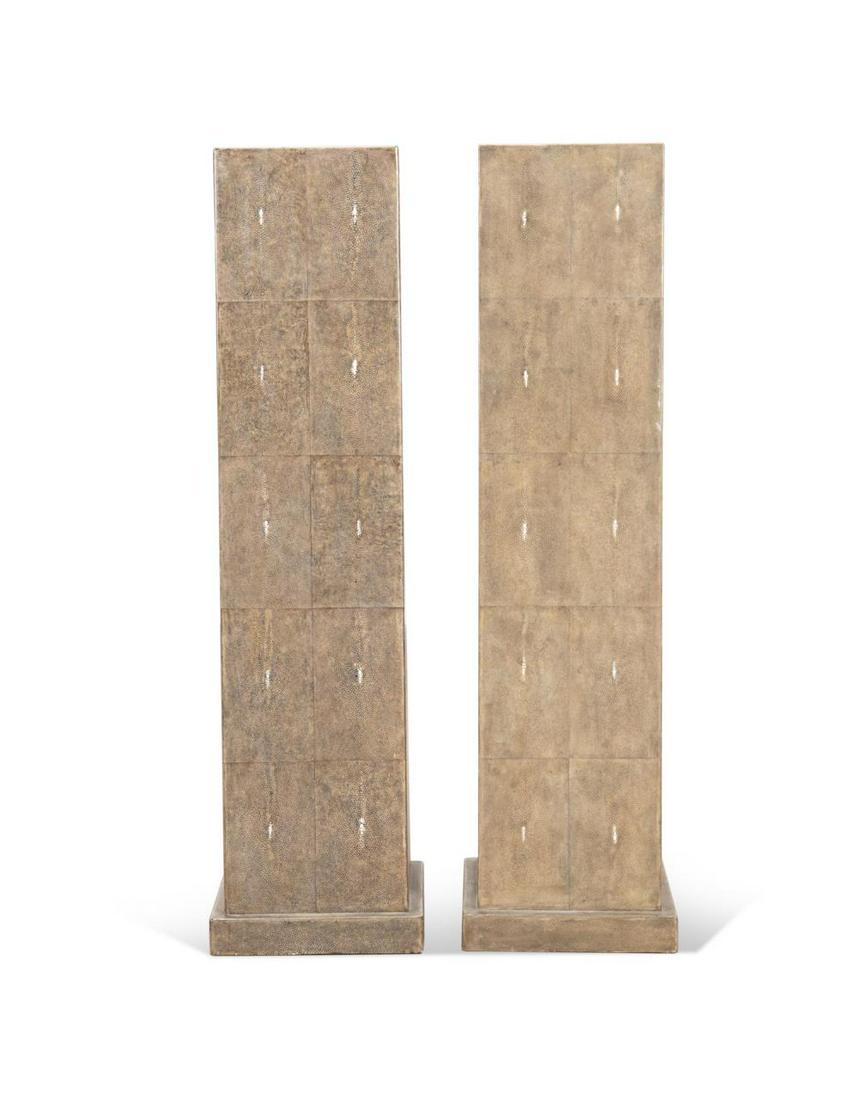 PAIR AUGOUSTI SQUARE SHAGREEN COLUMNS: Pair of Ria and Youri Augousti (French), "Classic" tall square shagreen columns, each rising on a square plinth base and marked to underside. Provenance: From the Private Collection of Alexander Faraf