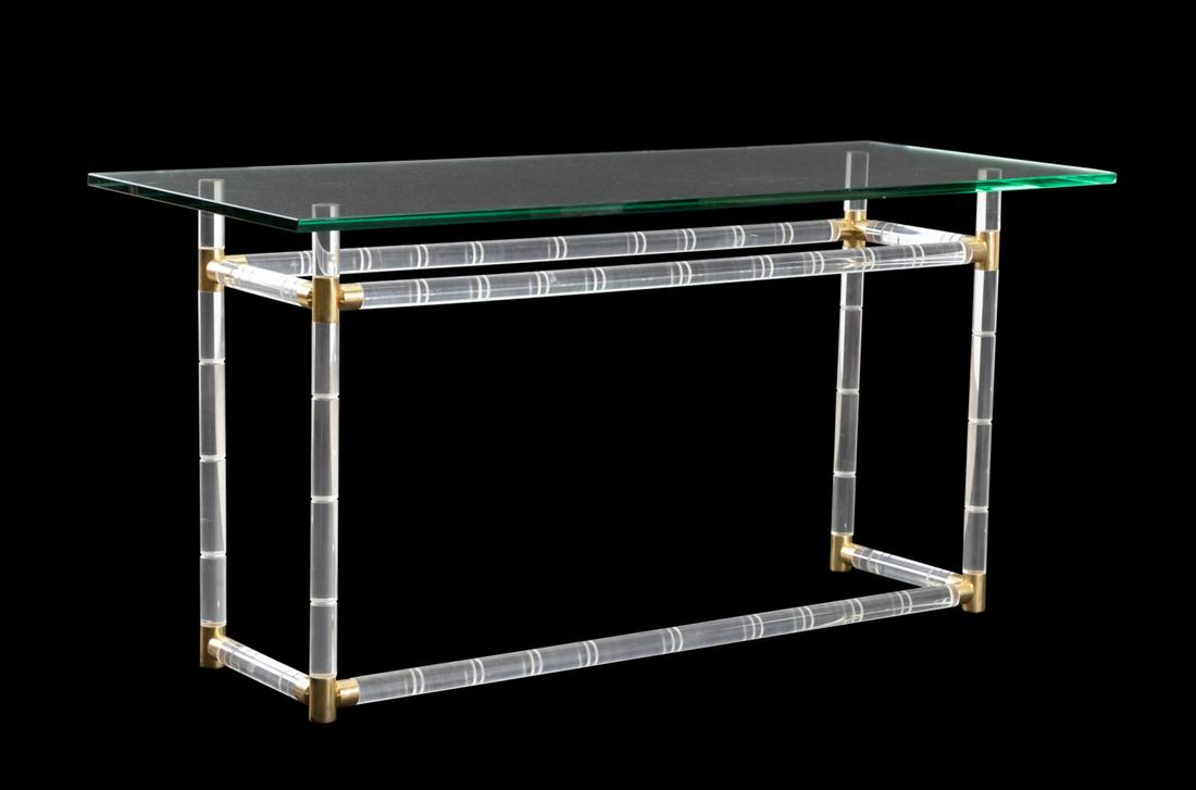 CHARLES HOLLIS JONES LUCITE, GLASS & BRASS CONSOLE (1 of 6)