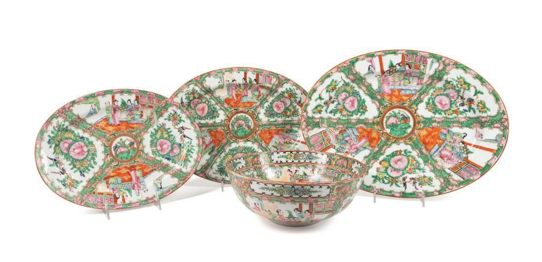 CHINESE ROSE MEDALLION, THREE PLATTERS & A BOWL: Four pieces of Chinese Export Rose Medallion porcelain serveware, each having enameled decoration with alternating reserves having figural scenes of court life and florals, birds, and butterflies comp