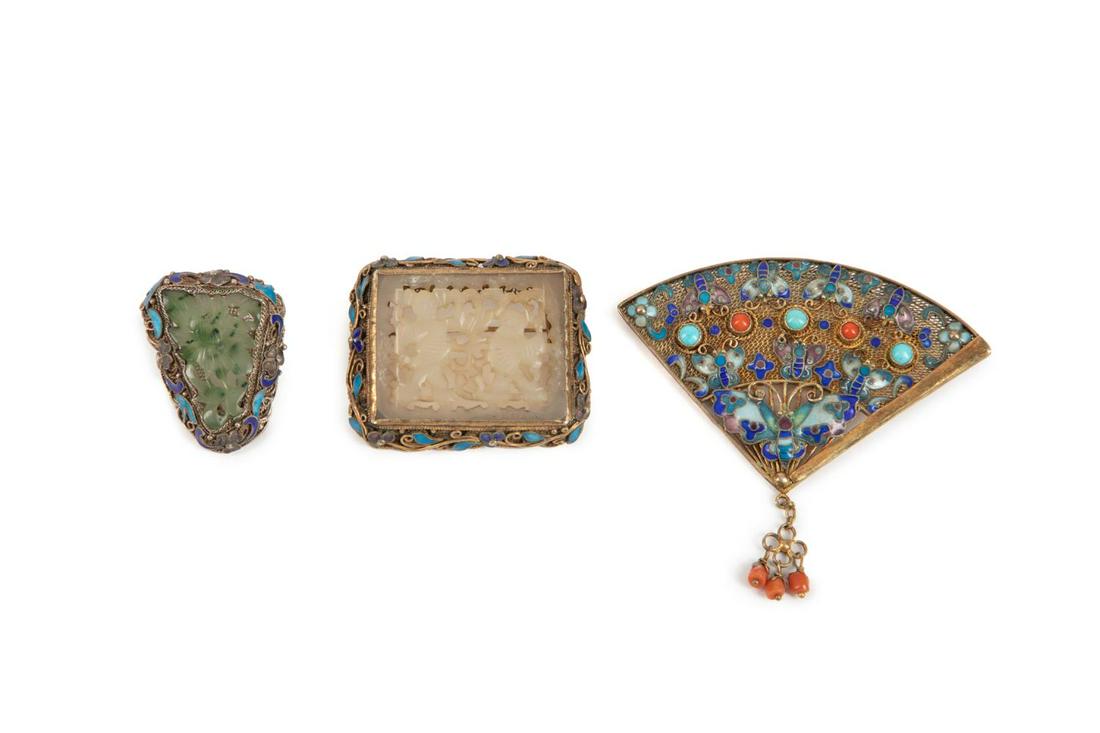 THREE CHINESE EXPORT SILVER GILT & ENAMEL BROOCHES (1 of 5)