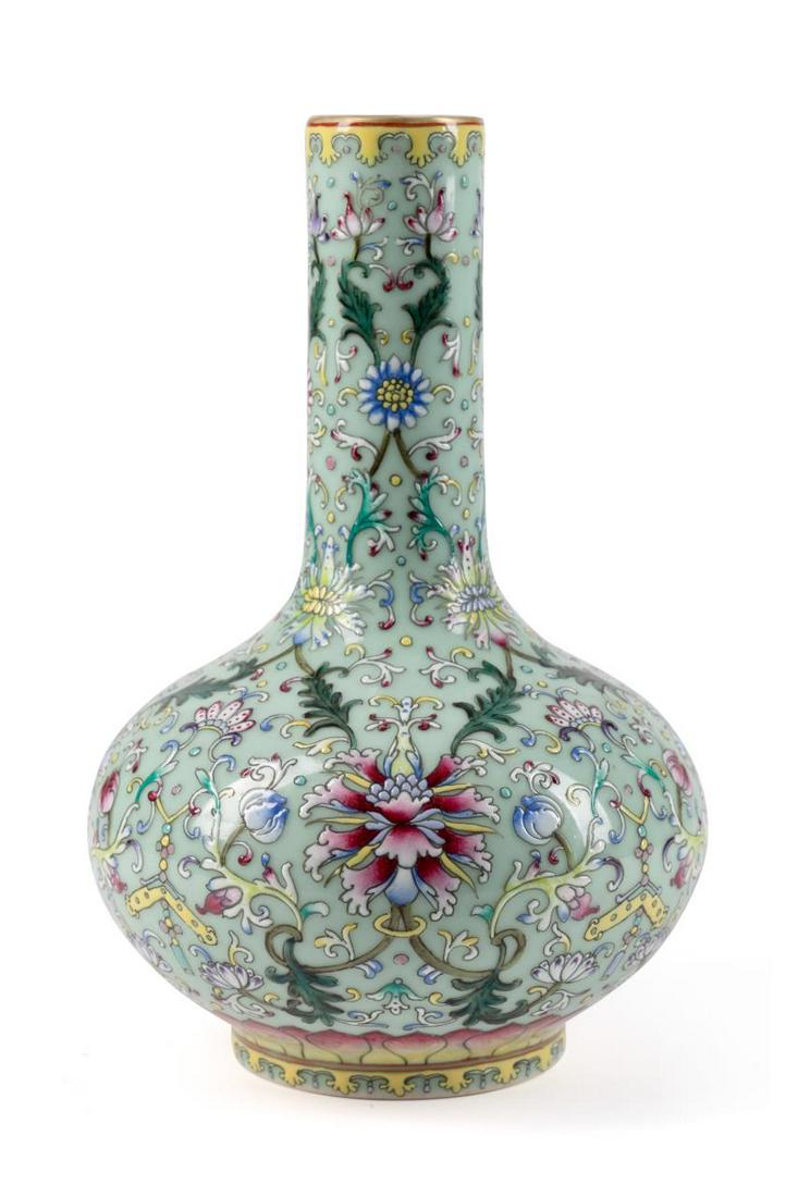 CHINESE FAMILLE ROSE ENAMEL ON CELADON VASE (1 of 8)