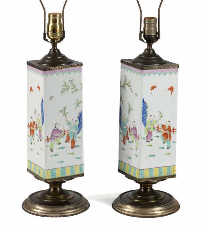 PAIR CHINESE SQUARE FAMILLE ROSE VASES AS LAMPS (1 of 6)